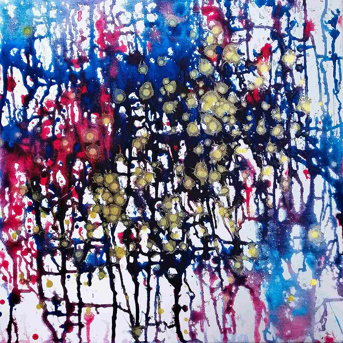 Award-winning original abstract diptych Greed and Fear by Diana Dimova TRAXI, fluid acrylic pouring in white, blue, rose and gold tones Abstract painting with splatters and drips in blue, red, black, pink, and yellow on a white background.