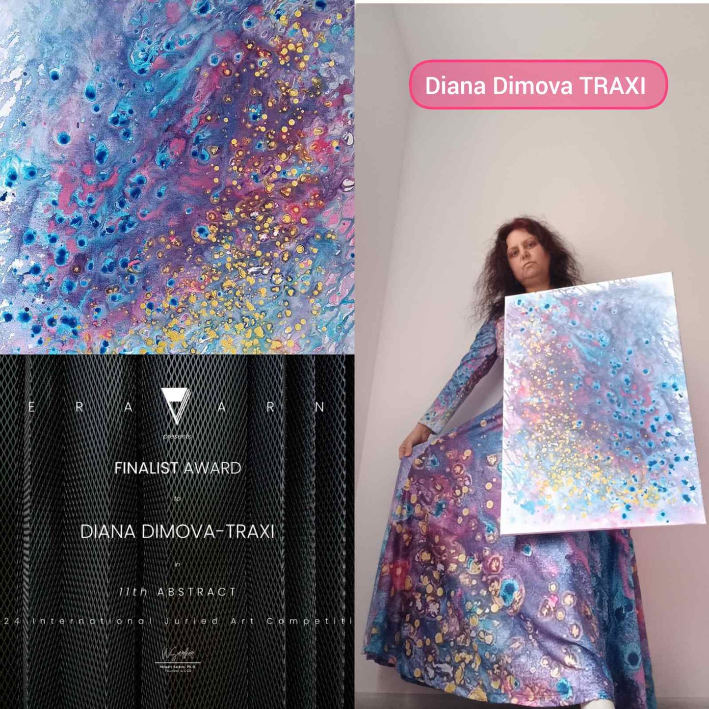 Award-winning original spiritual abstract painting Noise from Dreams by Diana Dimova TRAXI, fluid acrylic pouring in soft white, blue, rose and gold tones. Woman holding a painting with abstract design, featuring 'Diana Dimova TRAXI' and an award text.