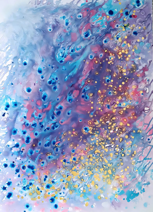 Award-winning original spiritual abstract painting Noise from Dreams by Diana Dimova TRAXI, fluid acrylic pouring in soft white, blue, rose and gold tones. Abstract fluid art print featuring swirling marbled patterns of blue, purple, pink, and white, accented with scattered gold glitter-like speckles.