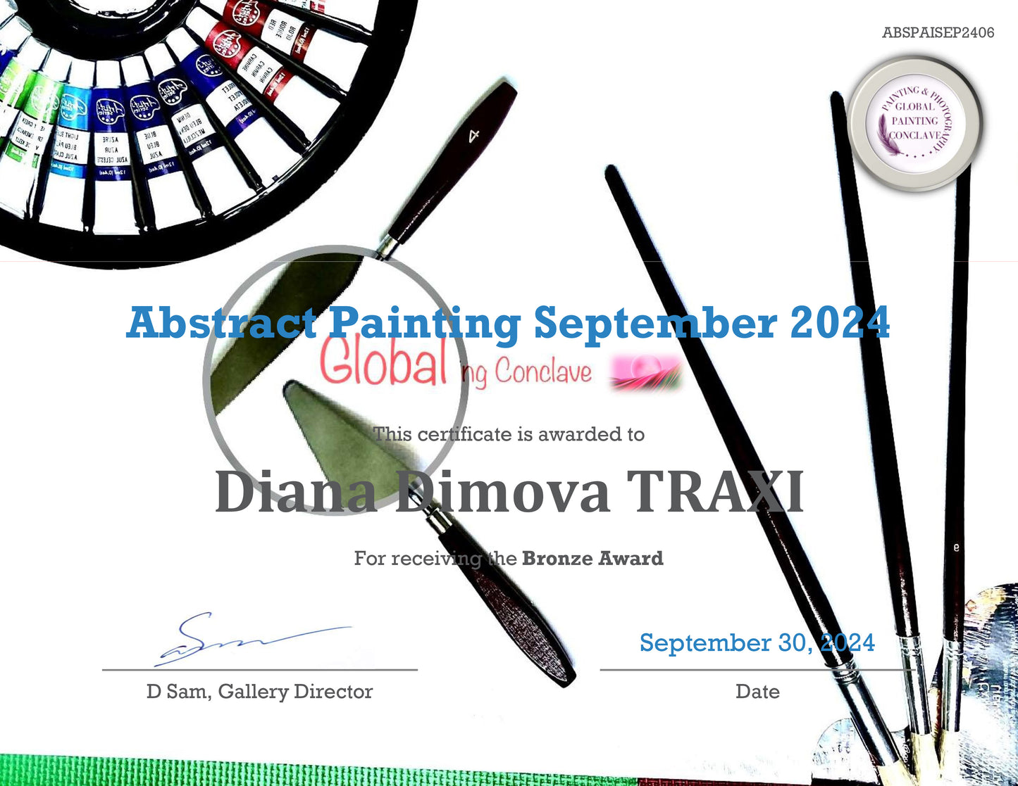 A certificate for abstract painting awarded to Diana Rimova TRAXI, dated September 30, 2024, with a paint wheel, paintbrushes, and a small round paint container on a white background. Portals of the Sun original cosmic abstract diptych in orange and yellow by Diana Dimova TRAXI ART. Bronze Award winner 2024.