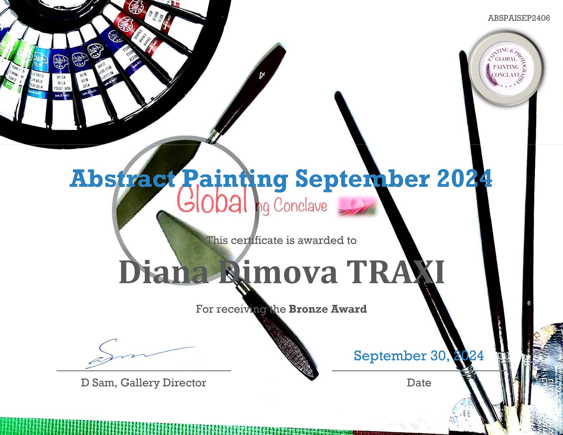 A certificate for abstract painting awarded to Diana Rimova TRAXI, dated September 30, 2024, with a paint wheel, paintbrushes, and a small round paint container on a white background. Portals of the Sun original cosmic abstract diptych in orange and yellow by Diana Dimova TRAXI ART. Bronze Award winner 2024.