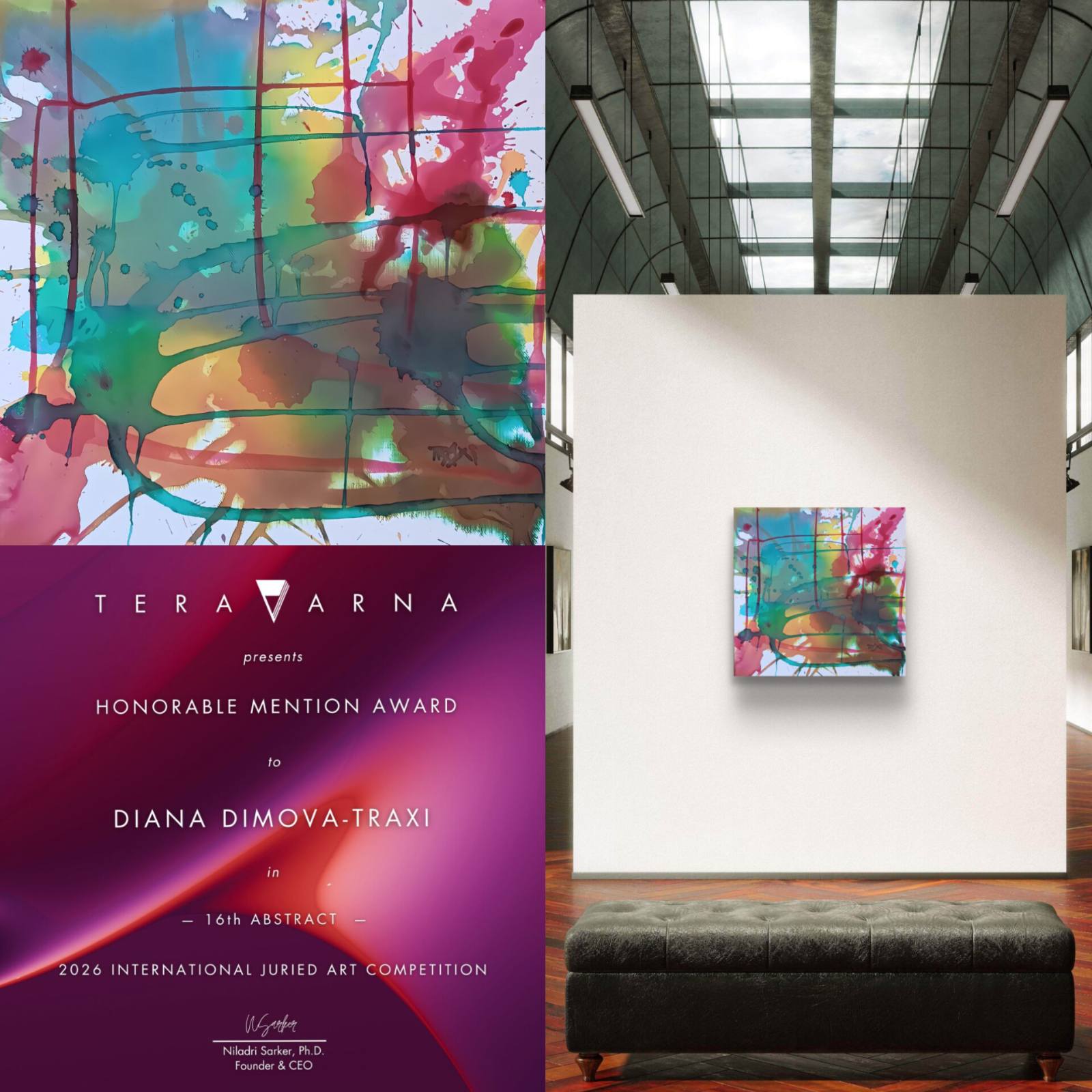 Original abstract painting titled 'The System' by TRAXI, featuring A collage showing abstract wall art in three contexts: a close-up of a colorful abstract painting, a full interior room scene with the artwork hanging on a white wall above a dark bench, and a purple award certificate reading 'TERRAVARNA presents Honorable Mention Award to Diana Dimova-Traxi 2026 International Juried Art Competition.' The product appears to be the abstract art print/painting itself rather than the certificate or room decor.