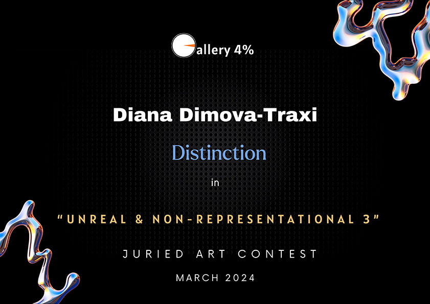 Mood of the Party original vertical abstract fluid acrylic painting with a vibrant blue wave and splashes of red and yellow by Diana Dimova TRAXI ART. A black promotional graphic for an art contest featuring the text 'Diana Dimova-Traxi Distinction' and 'in Unreal & Non-Representational 3 Juried Art Contest March 2024,' with Gallery 4% branding at the top and abstract blue, white, and gold marbled corner decorations.