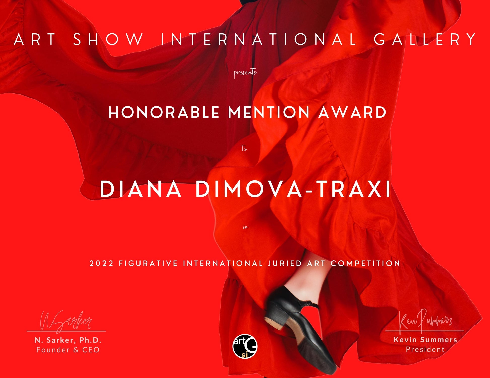 Original framed painting Talking with the Stars by Diana Dimova TRAXI, featuring a spiritual window composition with a girl reaching toward a starry night sky. A red award poster for the Art Show International Gallery honoring Diana Dimova-Traxi, featuring a flowing red dress and a black high-heeled shoe against a solid red background with white text.