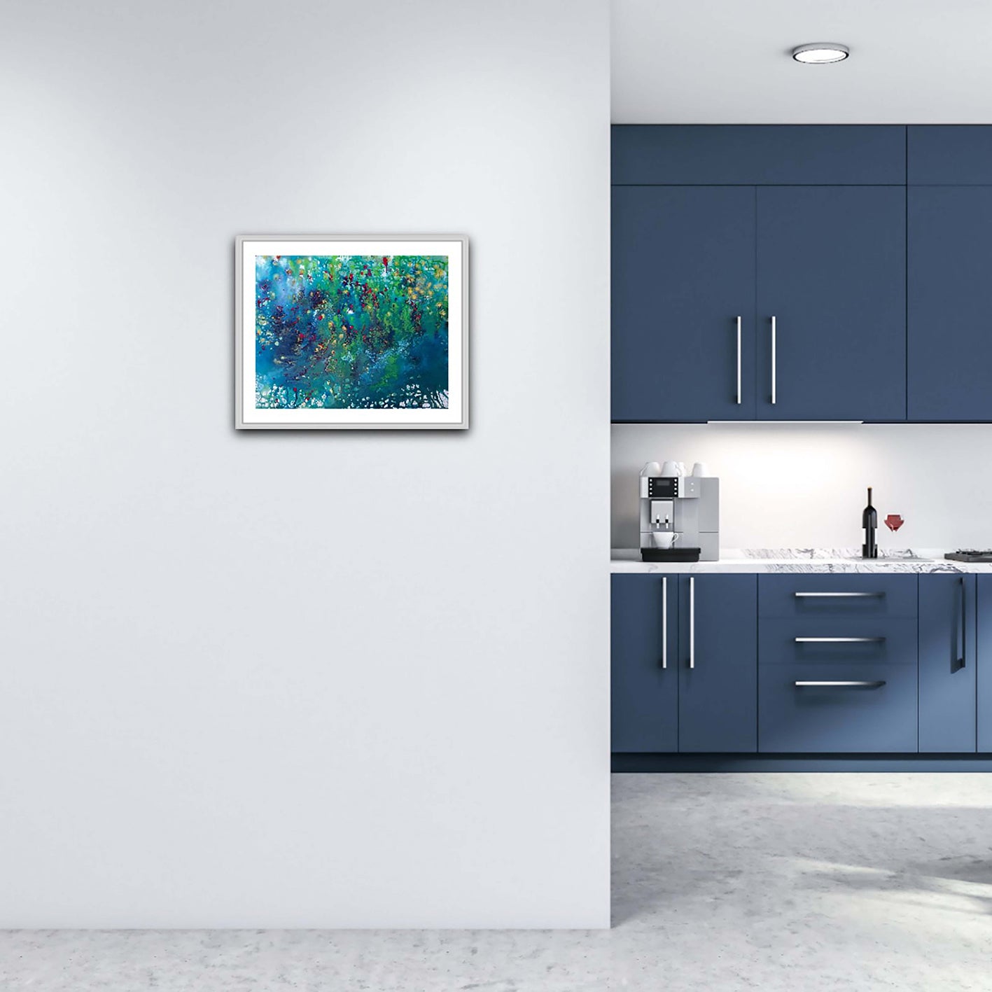 Blue Abstract Water Magic award-winning original acrylic painting by Diana Dimova TRAXI ART. A deep blue abstract window of living water, creating a peaceful and magical atmosphere in a luxury modern interior.