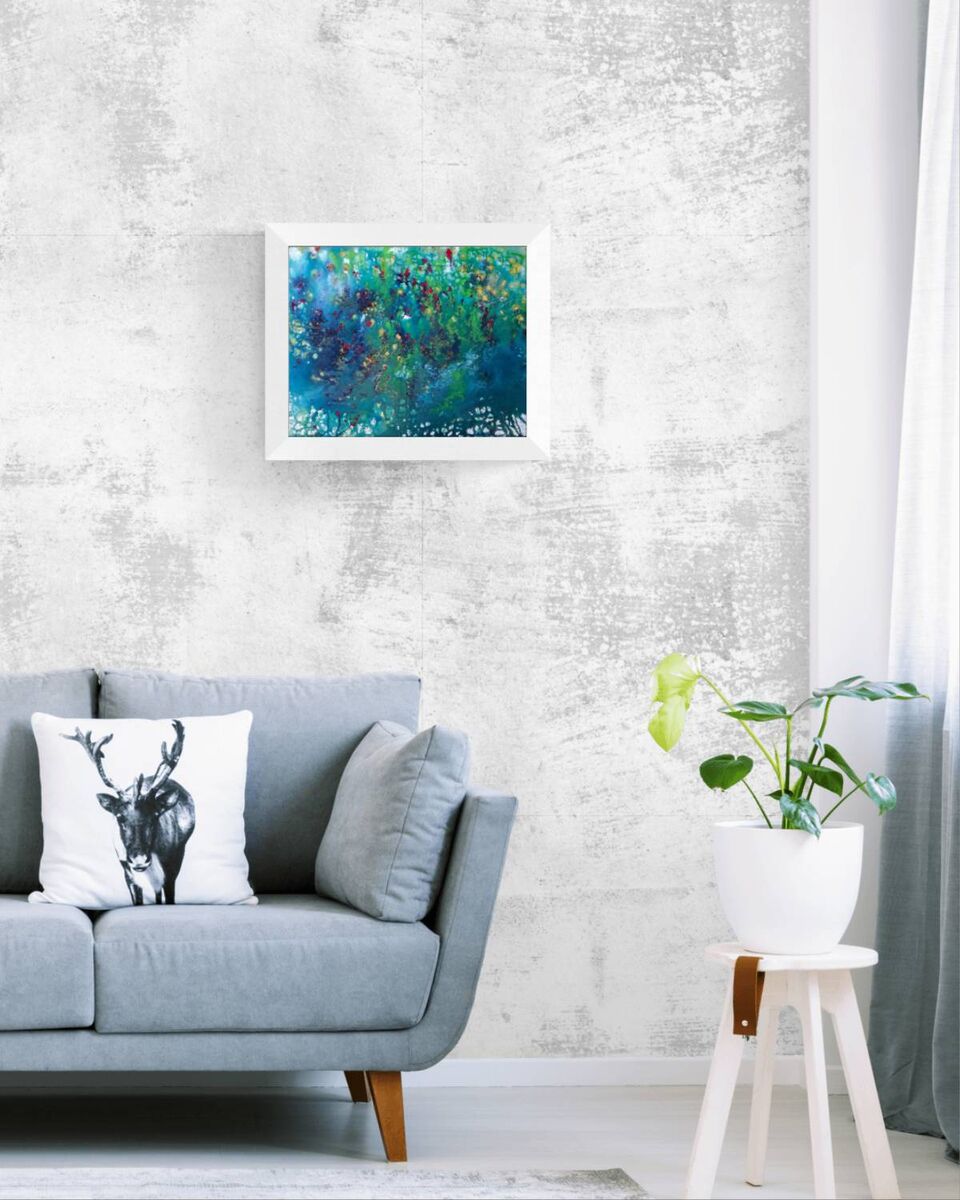 Blue Abstract Water Magic award-winning original acrylic painting by Diana Dimova TRAXI ART. A deep blue abstract window of living water, creating a peaceful and magical atmosphere in a luxury modern interior.
