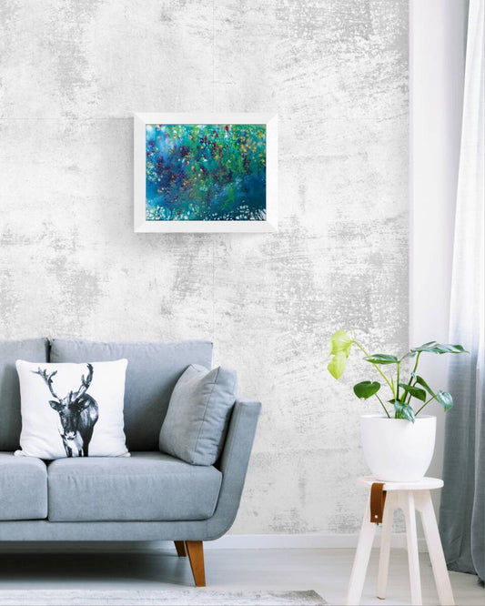 Blue Abstract Water Magic award-winning original acrylic painting by Diana Dimova TRAXI ART. A deep blue abstract window of living water, creating a peaceful and magical atmosphere in a luxury modern interior.