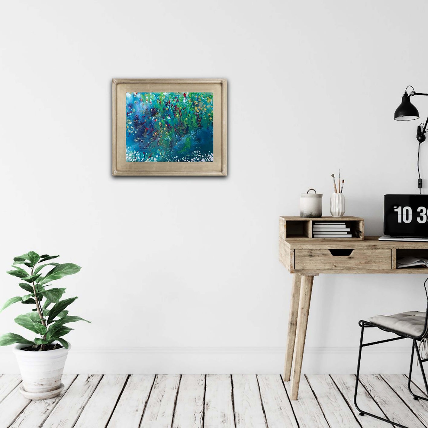 Blue Abstract Water Magic award-winning original acrylic painting by Diana Dimova TRAXI ART. A deep blue abstract window of living water, creating a peaceful and magical atmosphere in a luxury modern interior.