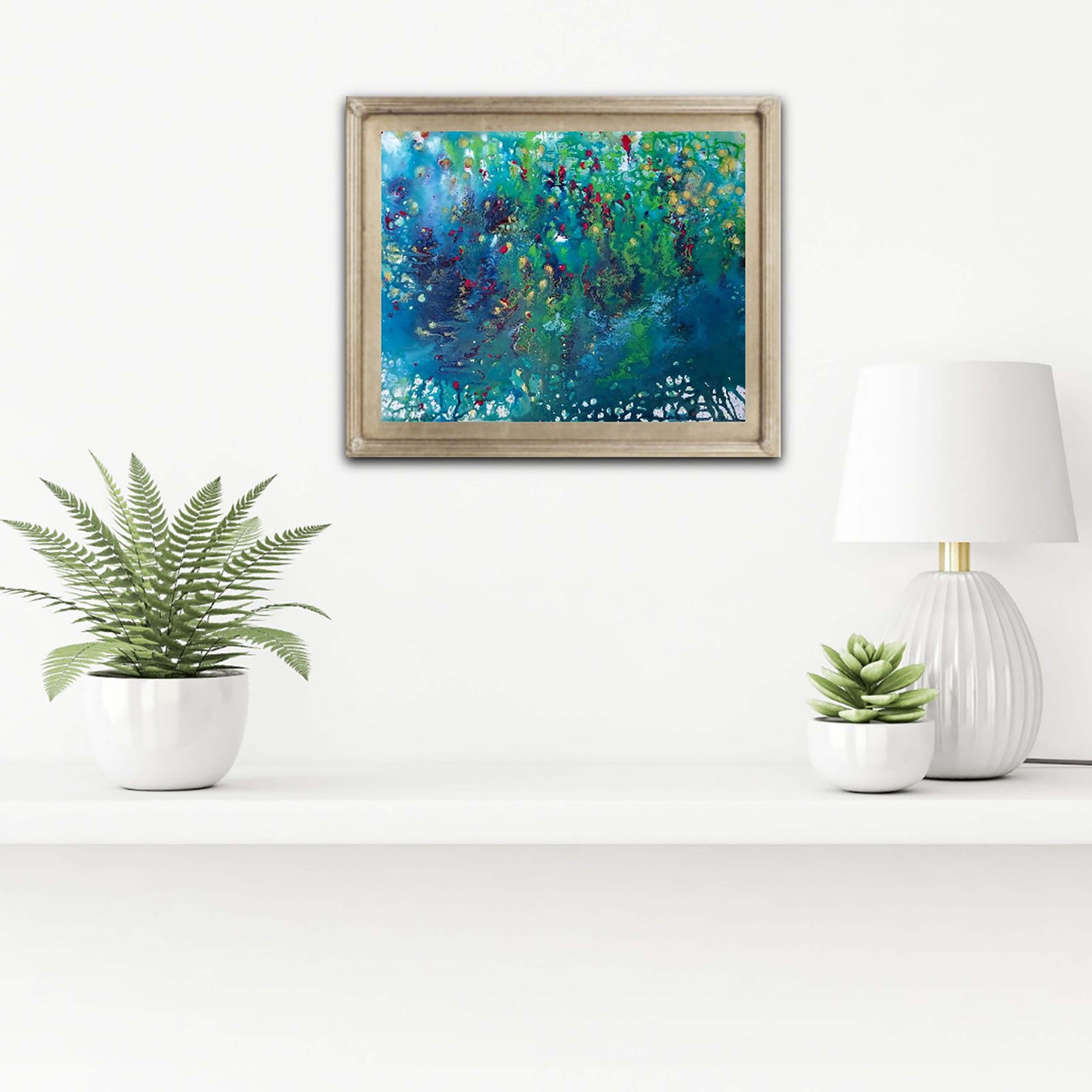 Blue Abstract Water Magic award-winning original acrylic painting by Diana Dimova TRAXI ART. A deep blue abstract window of living water, creating a peaceful and magical atmosphere in a luxury modern interior.