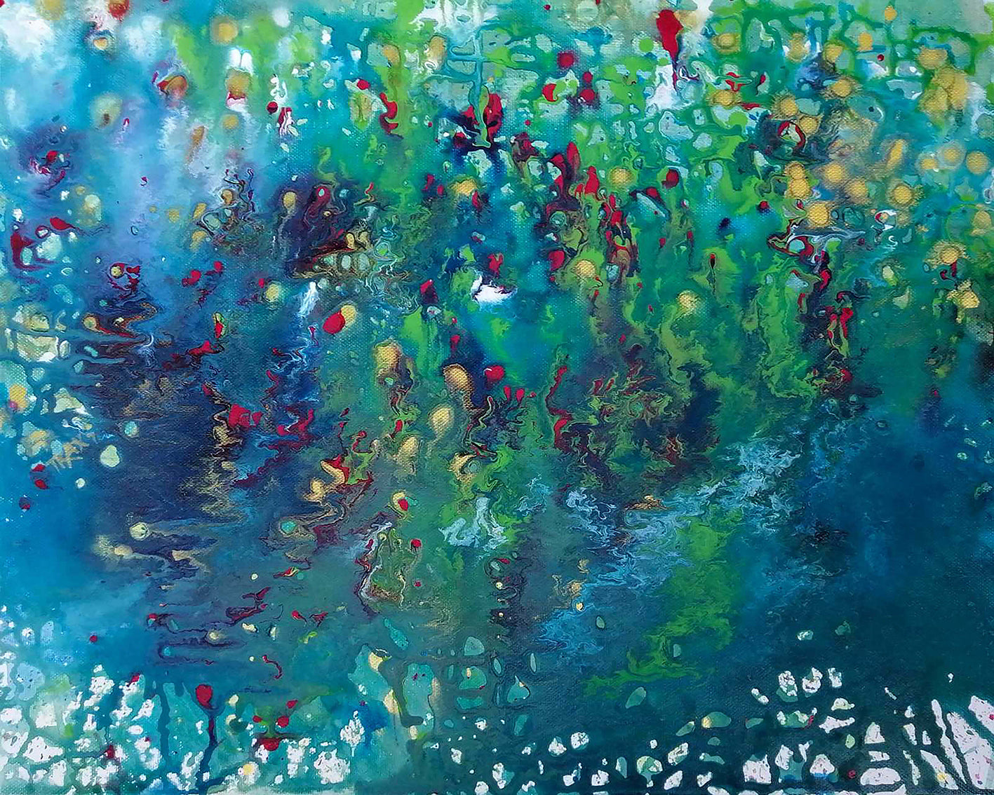 Blue Abstract Water Magic award-winning original acrylic painting by Diana Dimova TRAXI ART. A deep blue abstract window of living water, creating a peaceful and magical atmosphere in a luxury modern interior.