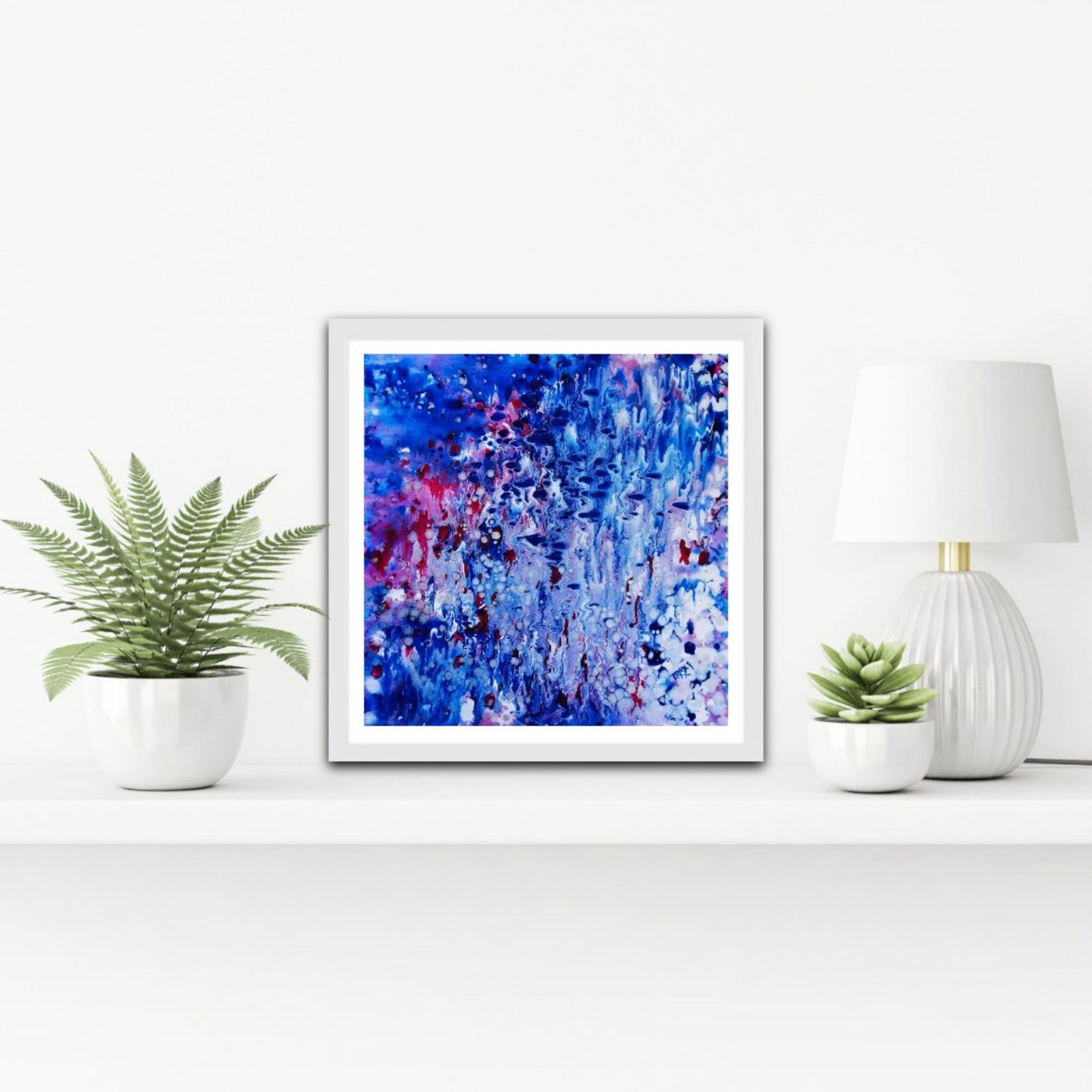Blue Oceanic Abstract Seascape award-winning original fluid acrylic painting by Diana Dimova TRAXI ART. Abstract underwater world with coral reef magic and deep blue ocean tones in luxury interior