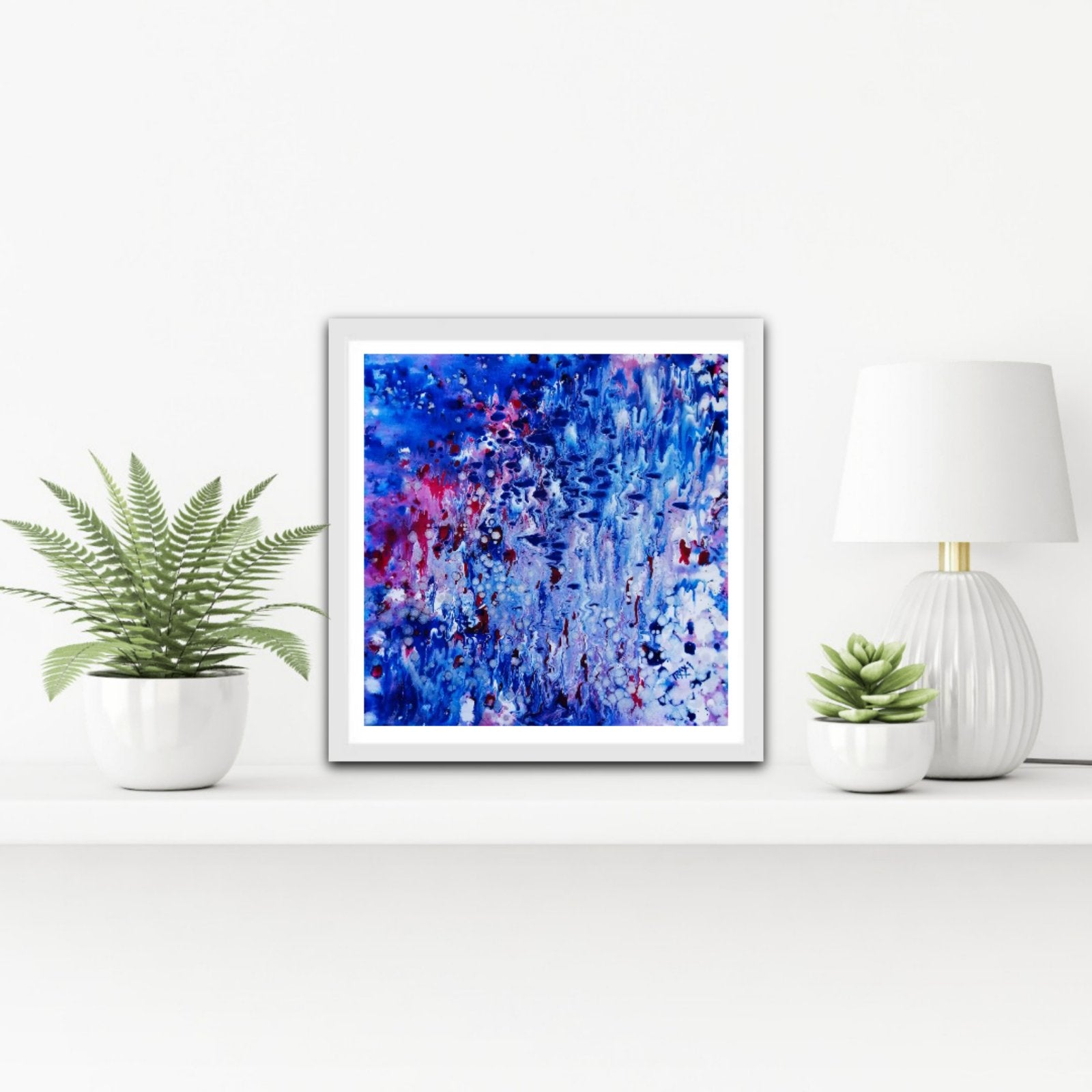 Blue Oceanic Abstract Seascape award-winning original fluid acrylic painting by Diana Dimova TRAXI ART. Abstract underwater world with coral reef magic and deep blue ocean tones in luxury interior