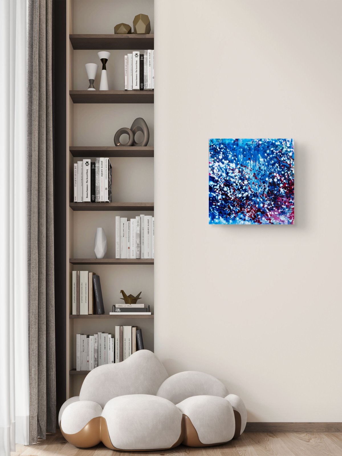 Blue Oceanic Abstract Seascape award-winning original fluid acrylic painting by Diana Dimova TRAXI ART. Abstract underwater world with coral reef magic and deep blue ocean tones.
