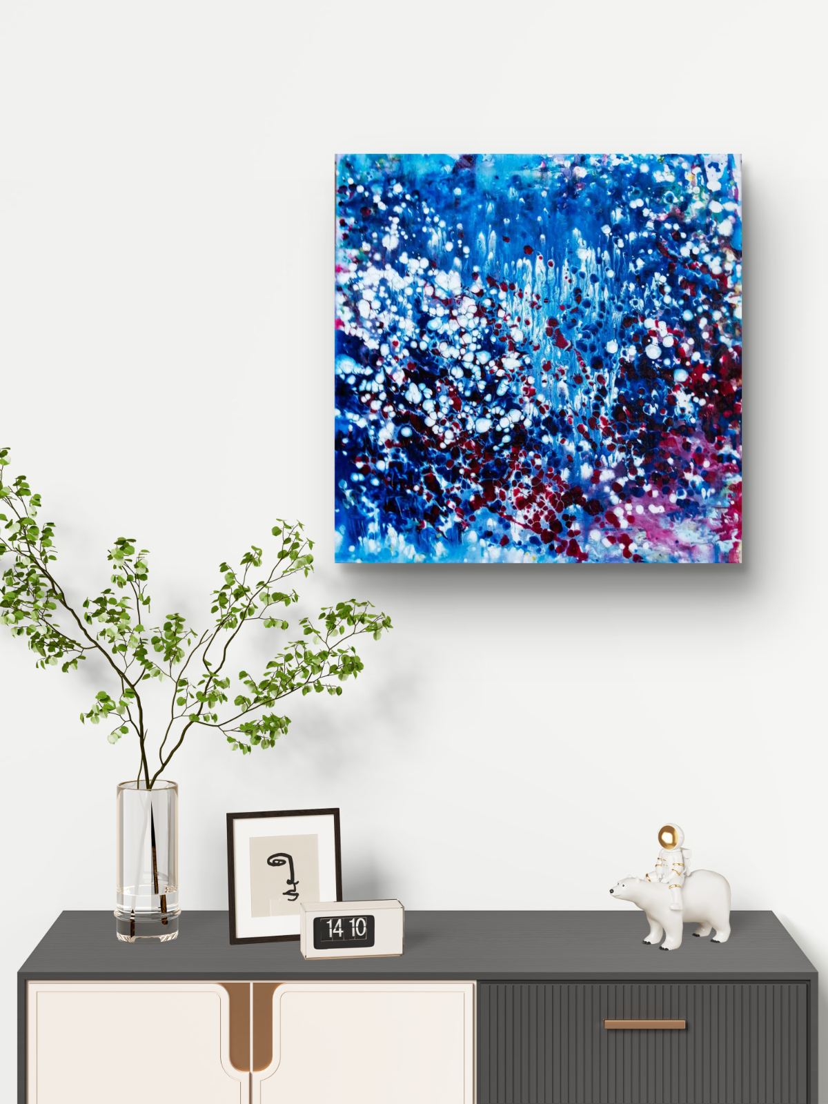 Blue Oceanic Abstract Seascape award-winning original fluid acrylic painting by Diana Dimova TRAXI ART. Abstract underwater world with coral reef magic and deep blue ocean tones.