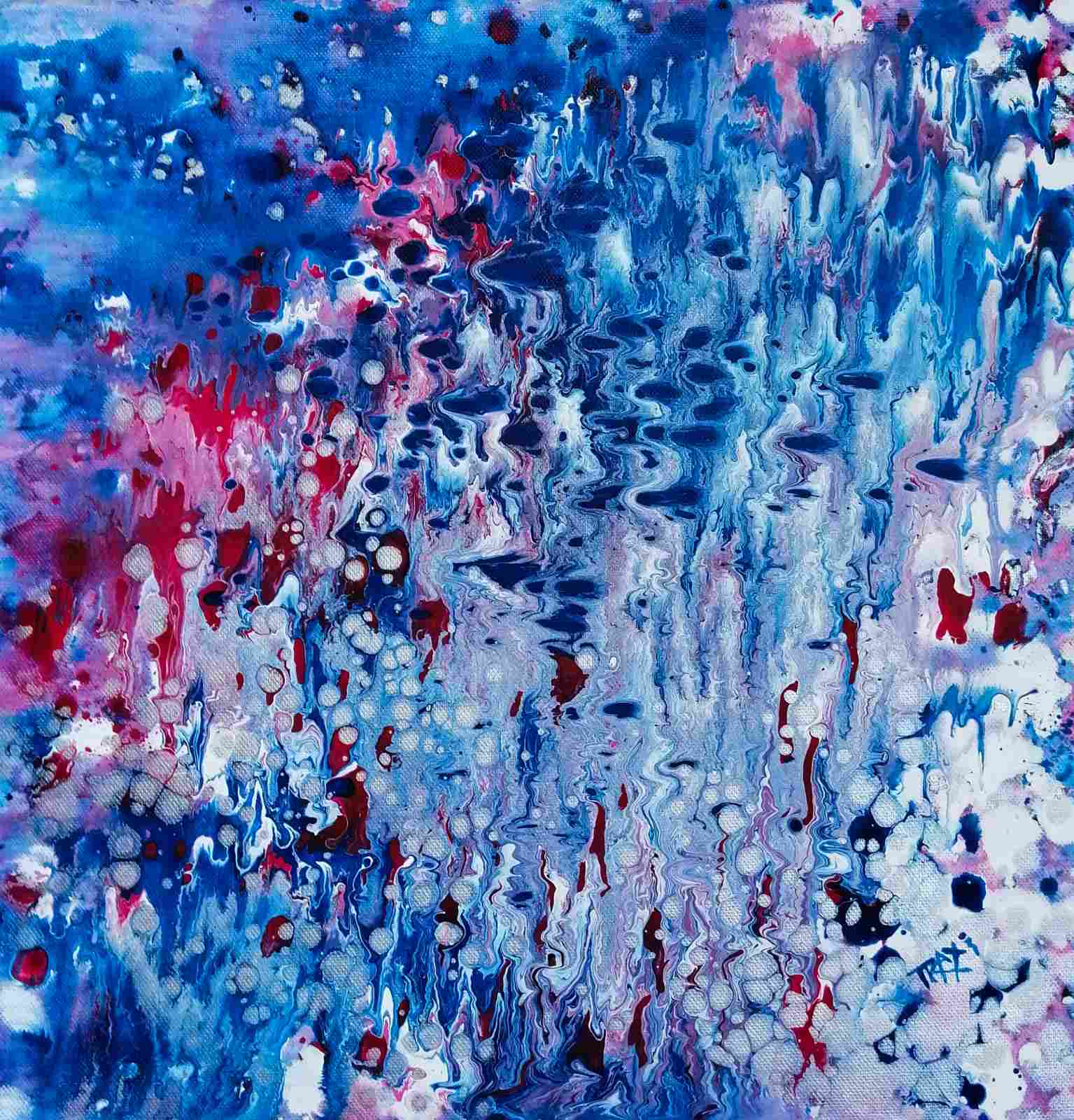 Blue Oceanic Abstract Seascape award-winning original fluid acrylic painting by Diana Dimova TRAXI ART. Abstract underwater world with coral reef magic and deep blue ocean tones.