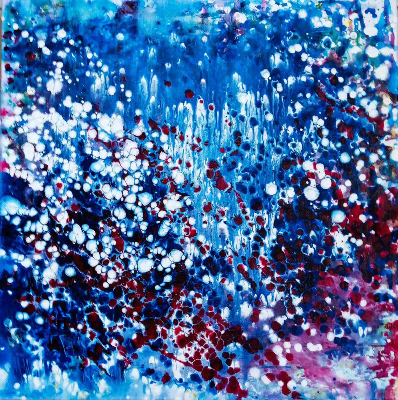 Blue Oceanic Abstract Seascape award-winning original fluid acrylic painting by Diana Dimova TRAXI ART. Abstract underwater world with coral reef magic and deep blue ocean tones.