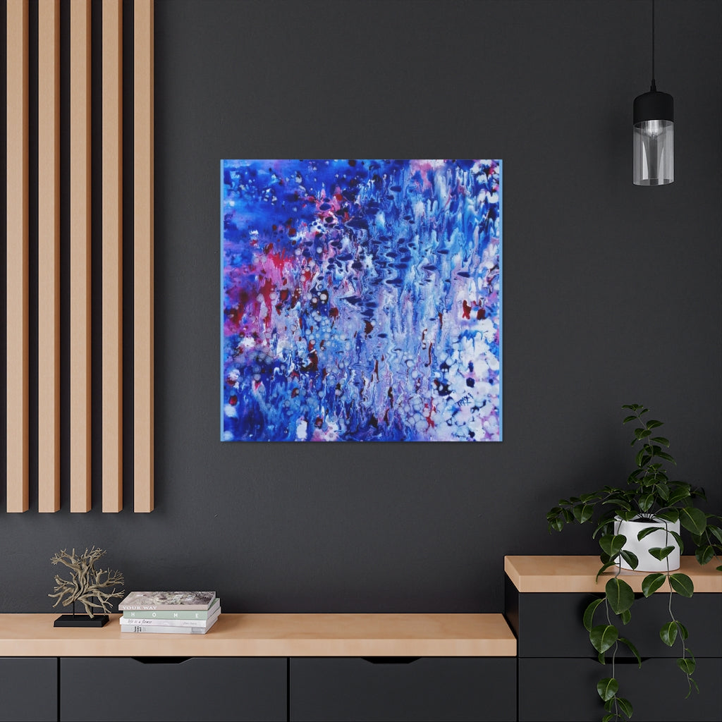 Blue Oceanic Abstract Seascape award-winning original fluid acrylic painting by Diana Dimova TRAXI ART. Abstract underwater world with coral reef magic and deep blue ocean tones.