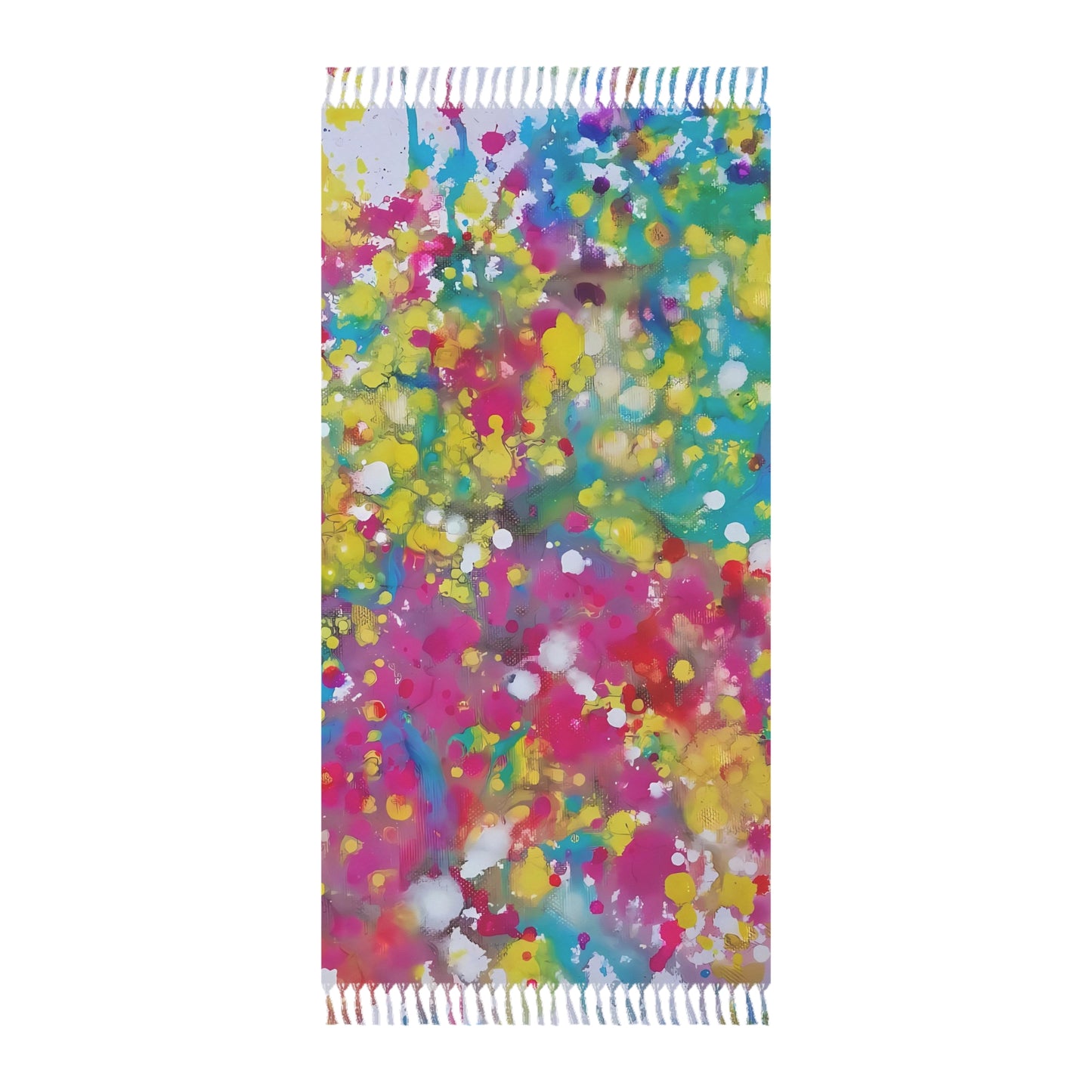 Boho beach towel of happiness featuring abstract wearable art inspired by the Paintings of Happiness series by Diana Dimova TRAXI. A rectangular woven textile with fringed edges, featuring an abstract multicolor paint splatter pattern in pink, yellow, blue, purple, and white on a light background.