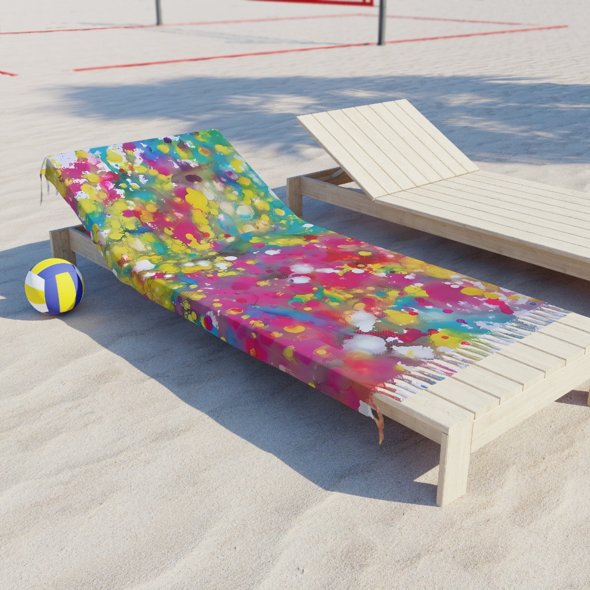 Boho beach towel of happiness featuring abstract wearable art inspired by the Paintings of Happiness series by Diana Dimova TRAXI. A colorful beach towel with a vibrant paint-splatter pattern rests on a light wood beach lounger on a sandy volleyball court. A yellow and blue volleyball sits nearby.