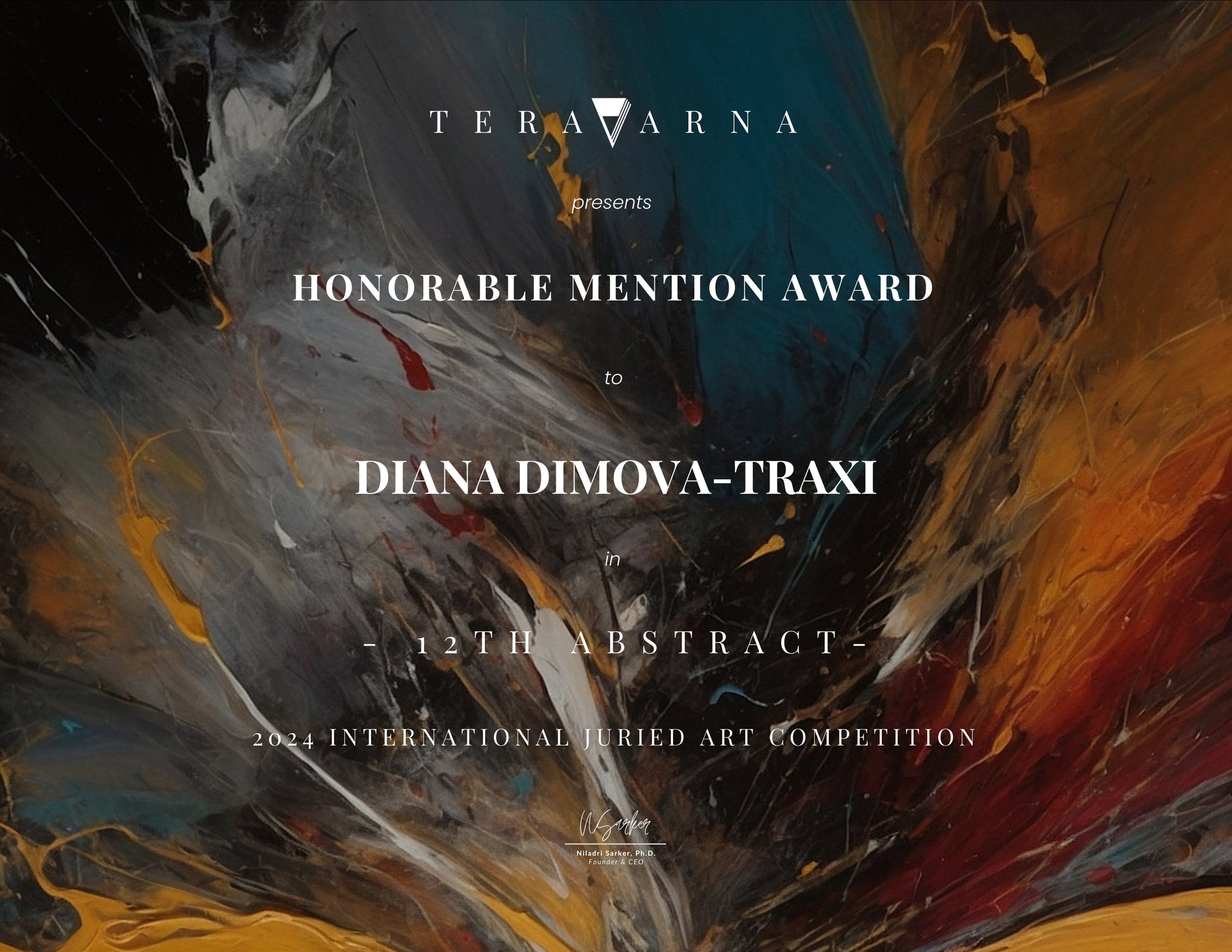 Illusions original checkered abstract painting in red, yellow, green, and orange by Diana Dimova TRAXI ART. Honorable Mention Award winner 2024. Certificate award graphic for the 12th Abstract International Juried Art Competition, presenting an Honorable Mention Award to Diana Dimova-Traxi. The text is centered over an abstract painting with swirling brushstrokes of black, blue, gray, white, and warm orange-brown tones.