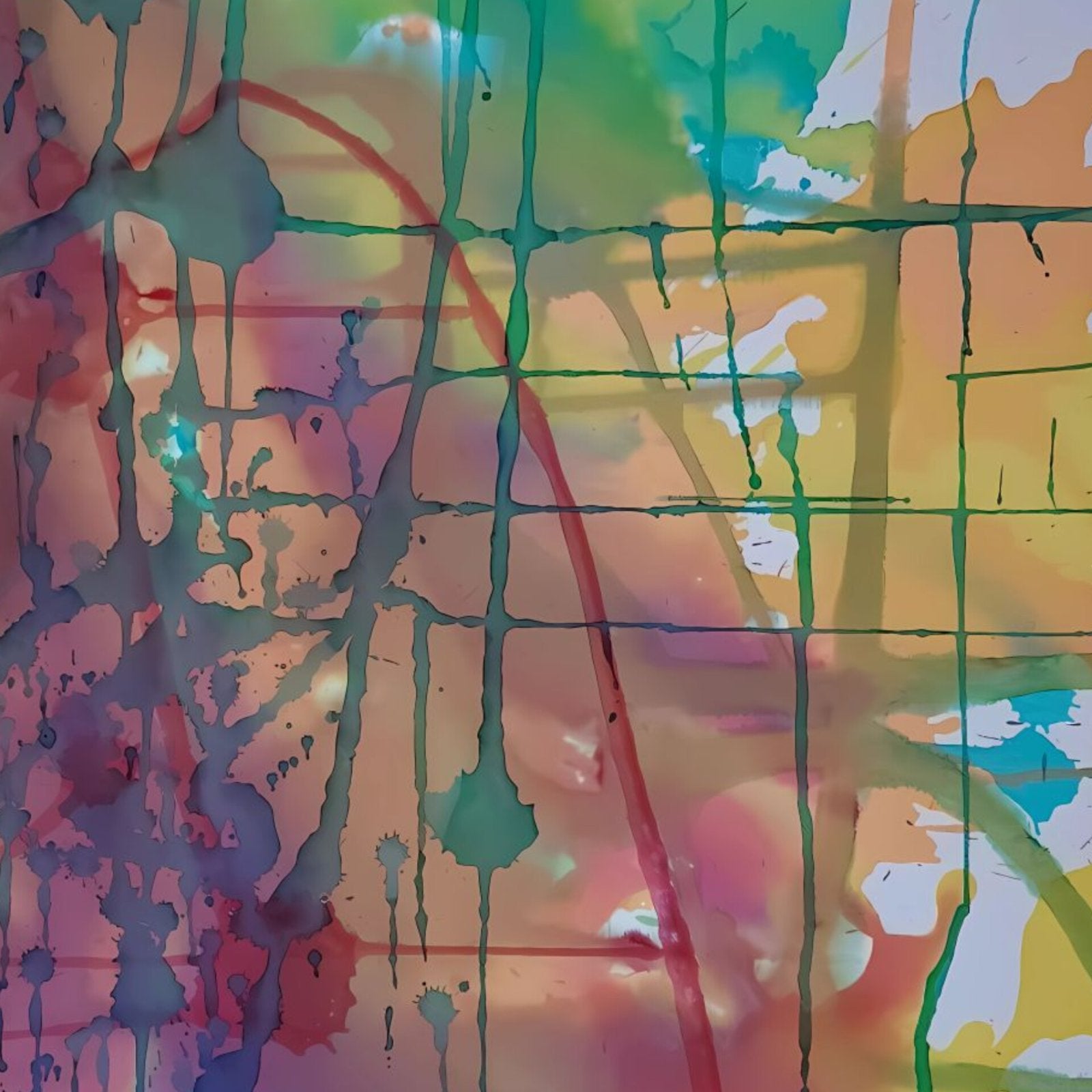 Original abstract painting titled 'The Fracture' by TRAXI, featuring expressive textures and dynamic movement. The artwork explores themes of change and emotional transformation through contemporary abstract expressionism. Abstract multicolor paint splatter and drip artwork with overlapping translucent areas of pink, orange, yellow, green, blue, purple, and red.