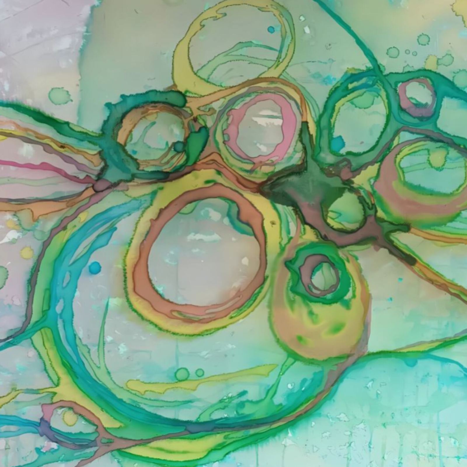 Original abstract painting titled 'The Balance' by TRAXI featuring serene textures and organic rhythms. The artwork represents the culmination of the series States of Becoming, exploring harmony, nature, and spiritual equilibrium. Abstract fluid art print featuring organic circular and bubble-like forms in shades of teal, green, yellow, peach, and pink on a light aqua background.