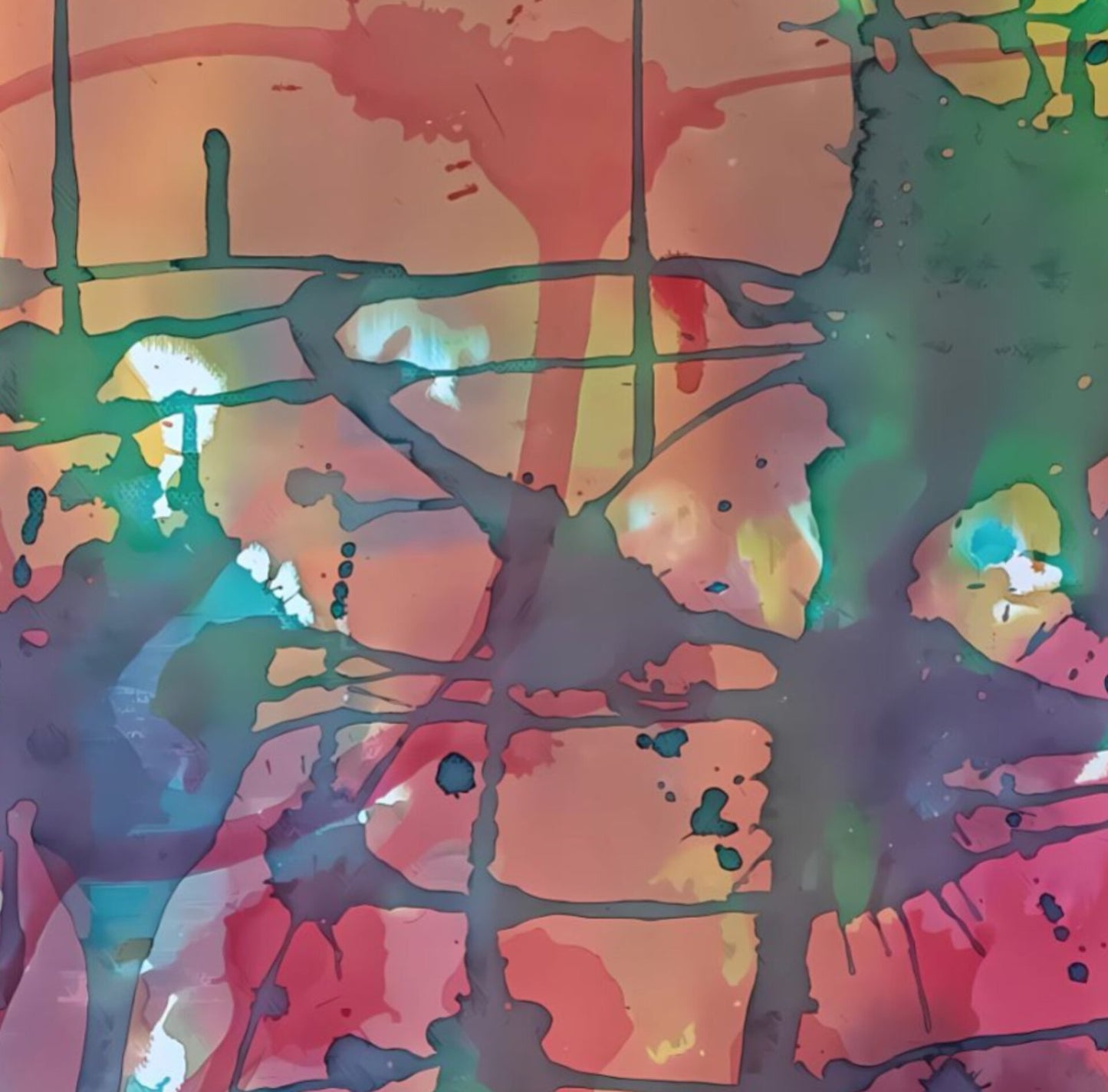 Original abstract painting titled 'The Noise' by TRAXI, featuring fragmented forms and energetic movement. The artwork explores urban life and contemporary chaos through abstract expressionism. Abstract watercolor painting with splashes and drips of pink, orange, green, blue, and purple tones layered over a warm peach background.