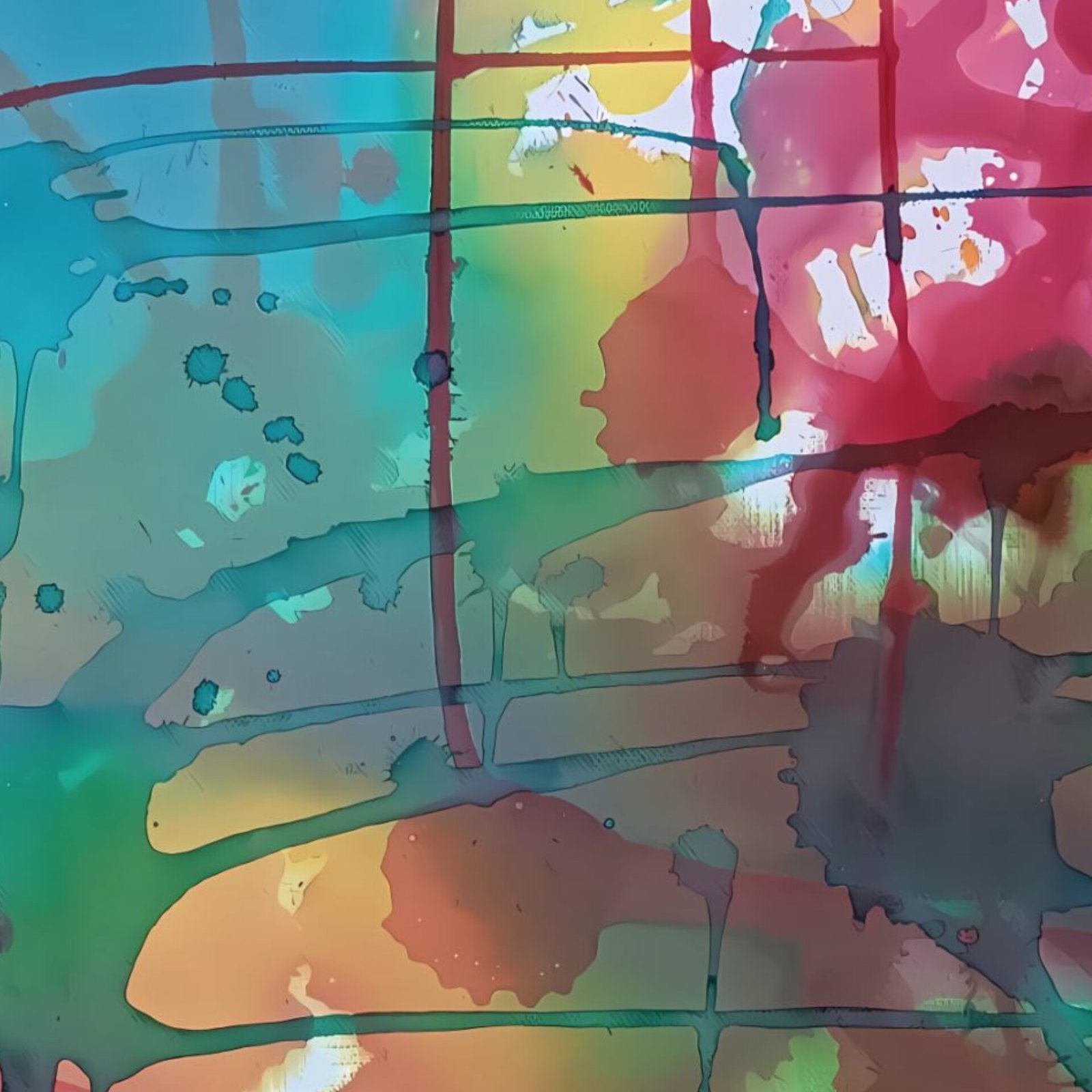Original abstract painting titled 'The System' by TRAXI, featuring layered geometric structures and fluid textures  The artwork explores themes of order and the human condition through contemporary abstract expressionism Abstract watercolor painting with splashes of teal, yellow, pink, orange, green, and dark gray on a grid-like background.