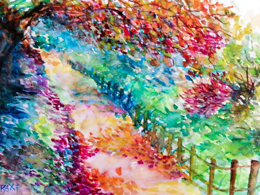 Colorful Autumn Landscape, original fall watercolor painting with an autumn path on paper by contemporary artist TRAXI. Vibrant watercolor painting of a tree-lined path with colorful foliage in shades of green, blue, pink, red, and yellow, with a wooden fence on the right.