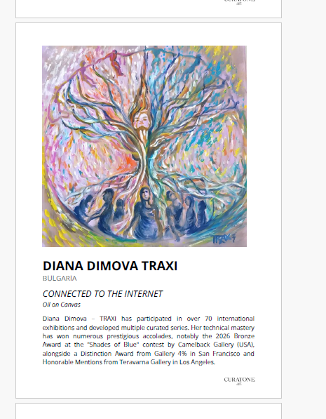 Original abstract painting Connected to the Internet by Diana Dimova TRAXI, featuring organic lines and neural network flows in rich blue and red tones. An art print or poster featuring a colorful abstract painting of a woman with flowing hair, with text below reading 'DIANA DIMOVA TRAXI' and 'CONNECTED TO THE INTERNET' followed by a description.