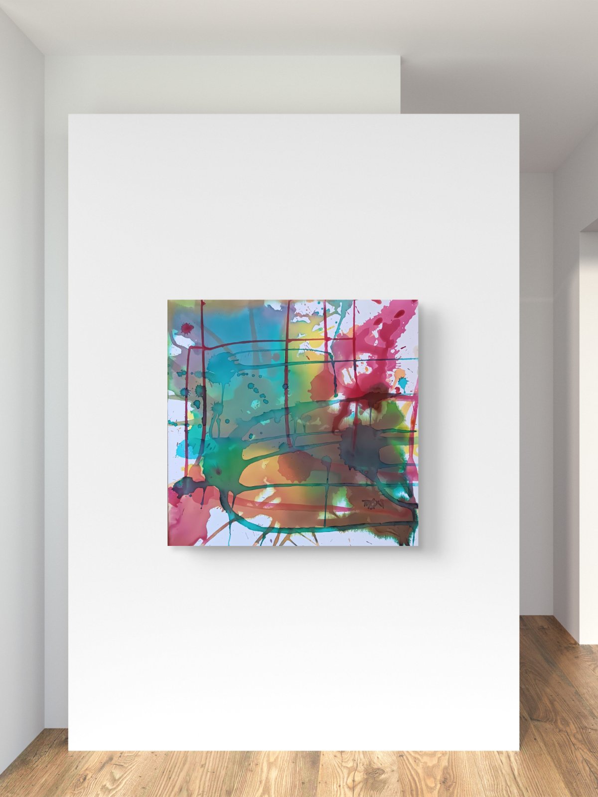 Original abstract painting titled 'The System' by TRAXI, featuring layered geometric structures and fluid textures  The artwork explores themes of order and the human condition through contemporary abstract expressionism Abstract multicolor canvas wall art with paint splatters and grid lines, displayed on a white gallery wall above a light wood floor.