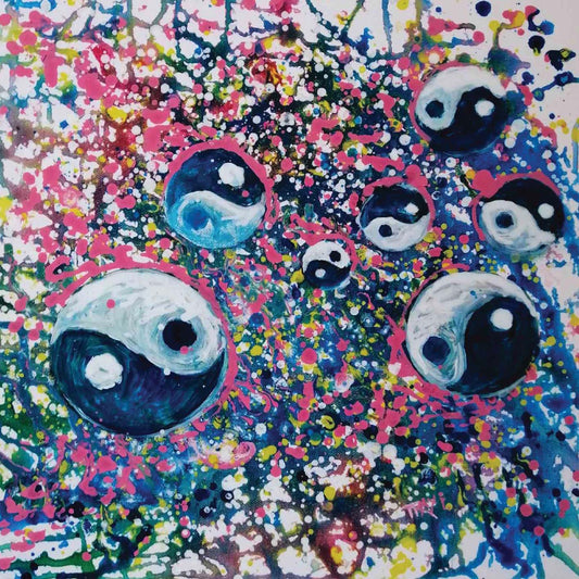 Yin Yang spiritual abstract painting titled Events of Life by Diana Dimova TRAXI featuring a circular blue, white, and soft pink composition for modern luxury interiors. Colorful abstract painting with eye-like shapes and splatter effects