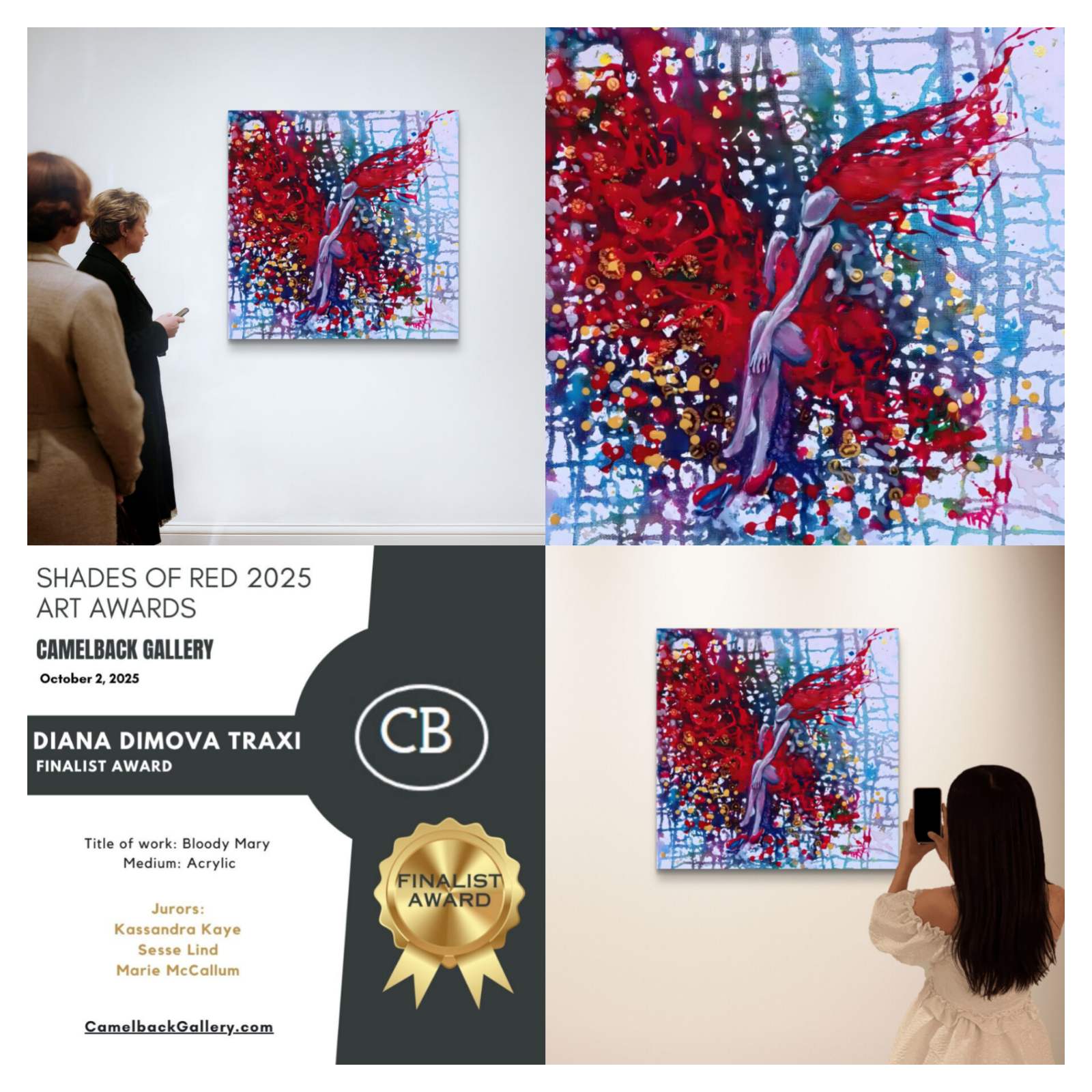 Red Dress & Party Mood original fluid acrylic abstract painting by Diana Dimova TRAXI ART. Finalist Award winner, Camelback Gallery 2025. A promotional collage for the Shades of Red 2025 Art Awards featuring a finalist award for Diana Dimova Traxi. The graphic includes a text panel with award details, a gold finalist seal, and three photos showing abstract paintings with vibrant red, blue, and white brushstrokes, including one being viewed by a man and another by a woman taking a photo.
