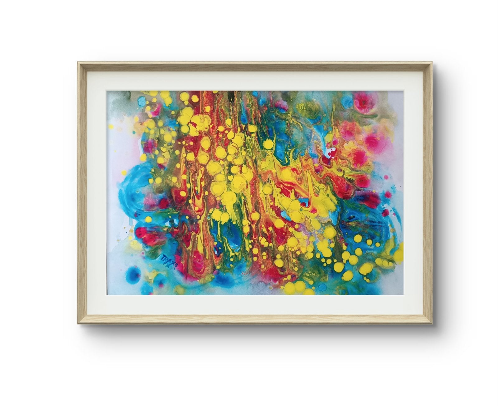Fountains of Youth original watercolor abstract painting by Diana Dimova TRAXI ART, featuring dynamic yellow, blue, green, and red strokes. A framed abstract art print featuring vibrant splatters and drips of yellow, blue, red, and pink paint on a white background, housed in a light natural wood frame with a white mat.