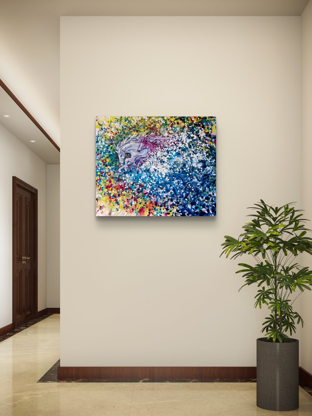 Freedom in color abstract horse original painting by contemporary artist TRAXI, featuring twin horses galloping through a vibrant cosmic nebula sky. A colorful abstract canvas painting with a stylized face, displayed on a beige wall in a modern hallway next to a potted green plant.