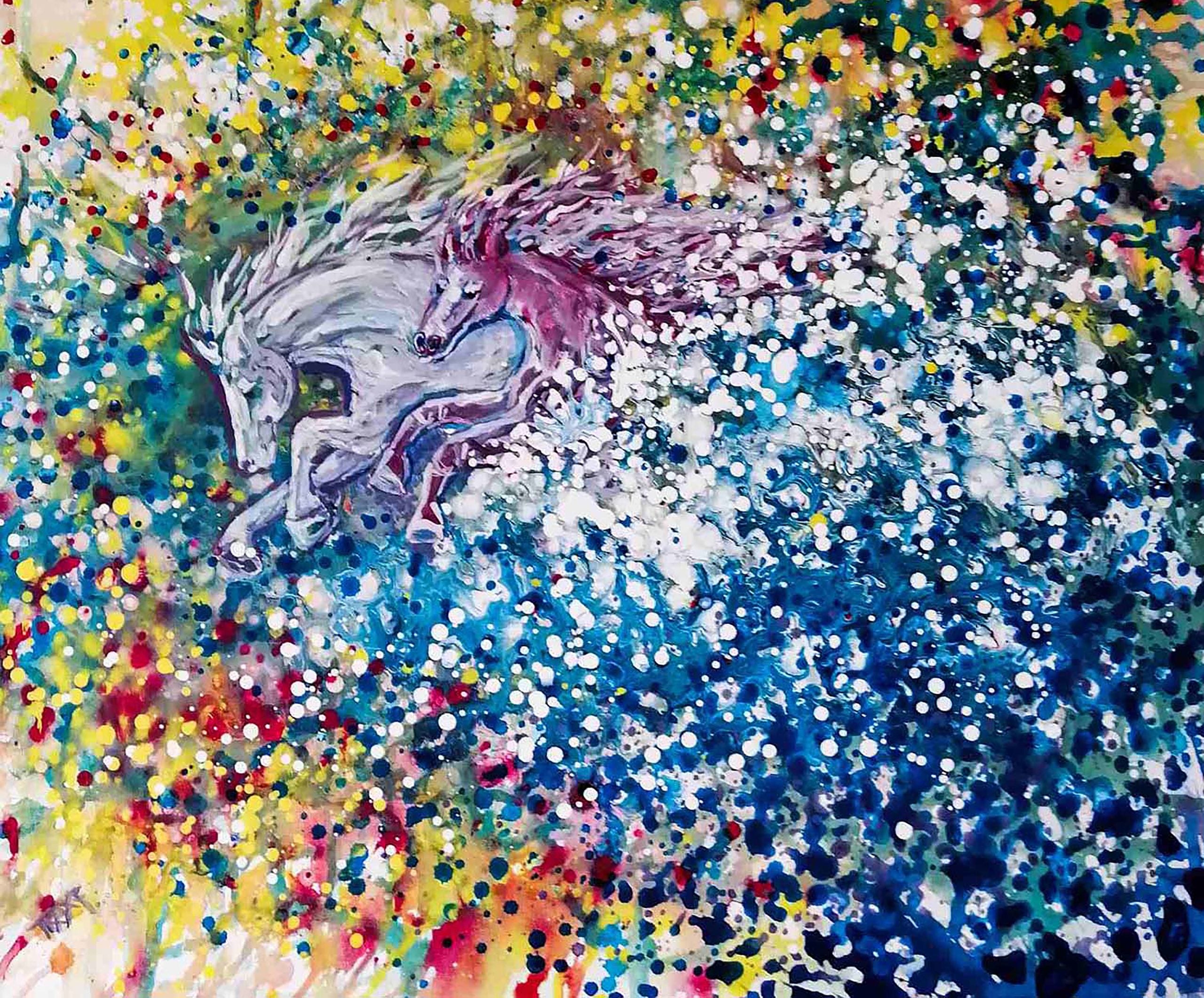 Freedom in color abstract horse original painting by contemporary artist TRAXI, featuring twin horses galloping through a vibrant cosmic nebula sky. Colorful abstract painting of two horses running on a textured background