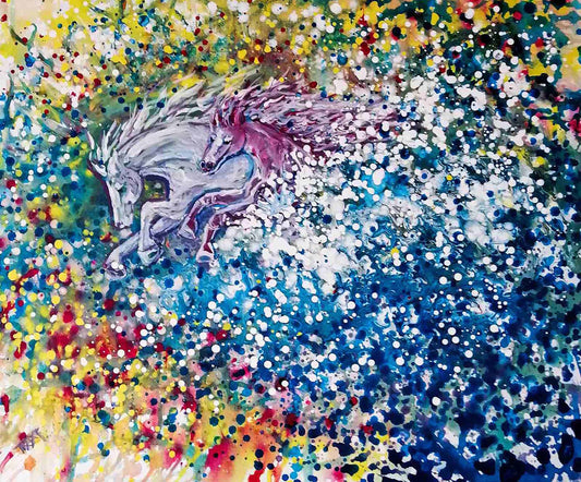 Freedom in color abstract horse original painting by contemporary artist TRAXI, featuring twin horses galloping through a vibrant cosmic nebula sky. Colorful abstract painting of two horses running on a textured background