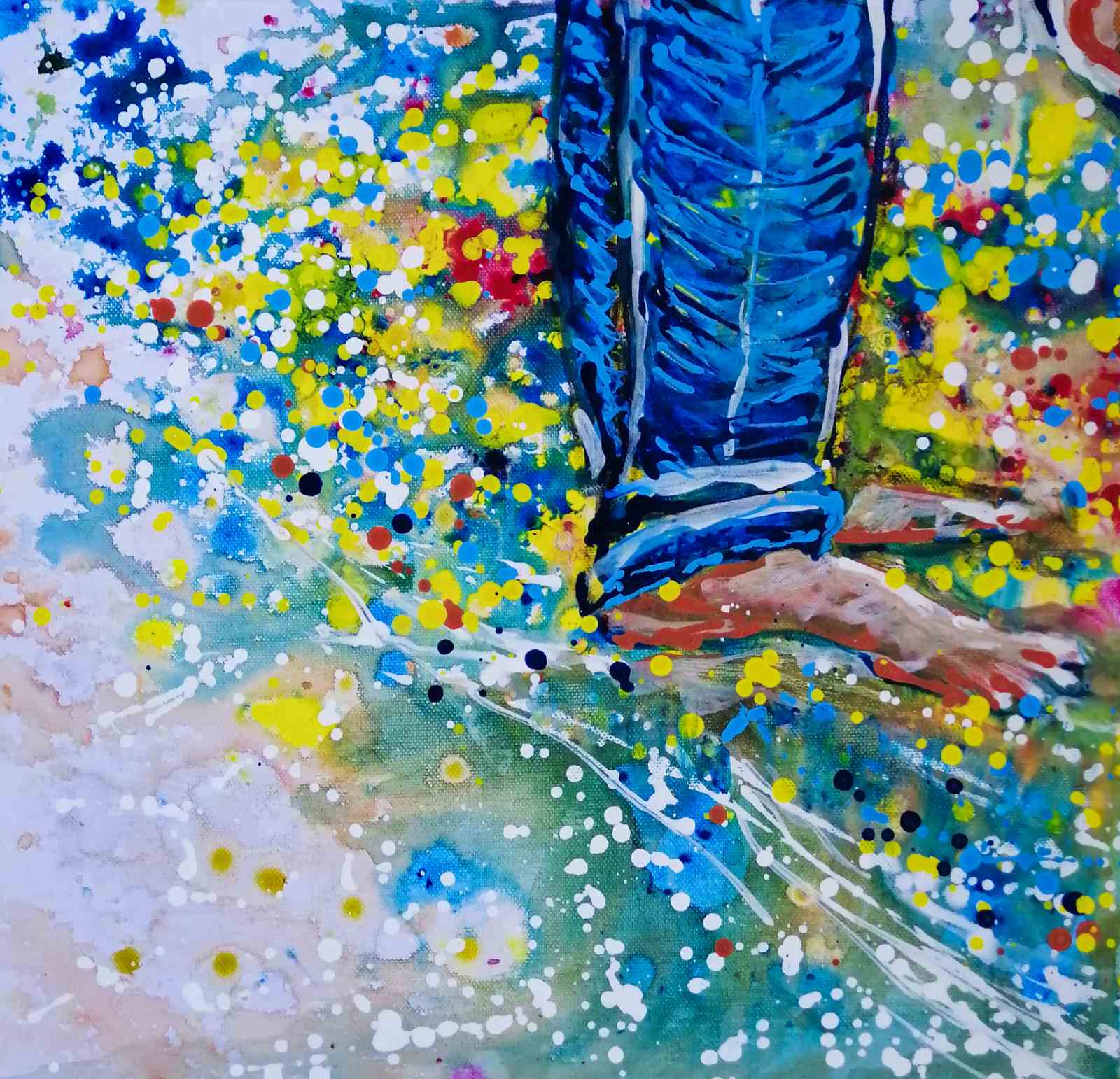 Love affair diptych original abstract painting set by contemporary artist TRAXI, depicting playful feet on the beach with vibrant fluid acrylic colors. Colorful abstract painting with a blue shoe and multicolored splashes