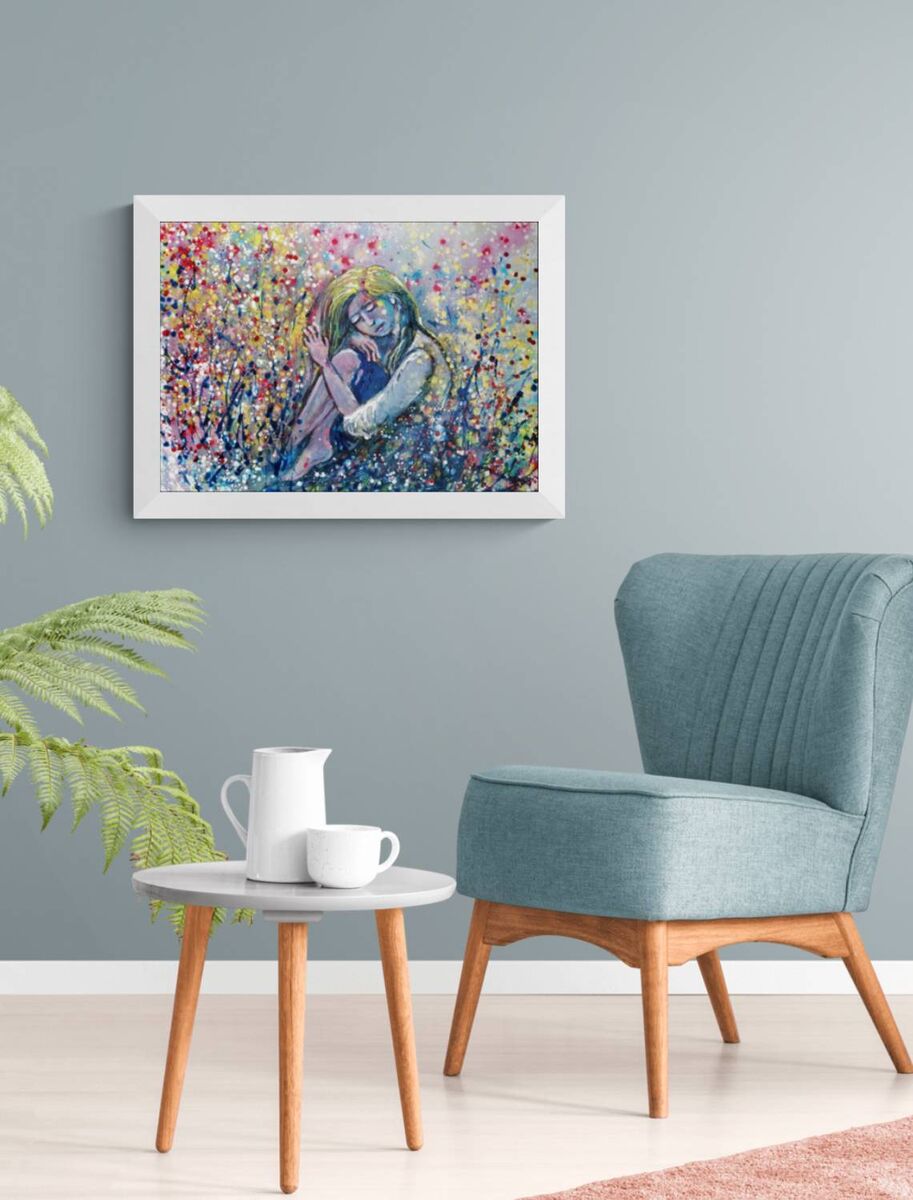 Romantic woman and nature abstract landscape fluid acrylic painting with blue, pink, and yellow tones by Diana Dimova TRAXI ART.