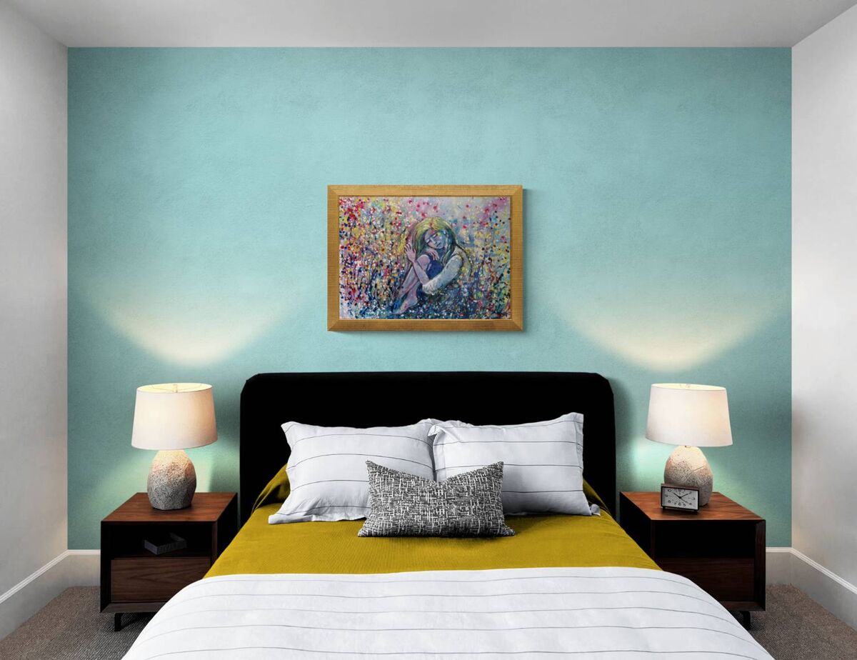 Romantic woman and nature abstract landscape fluid acrylic painting with blue, pink, and yellow tones by Diana Dimova TRAXI ART.