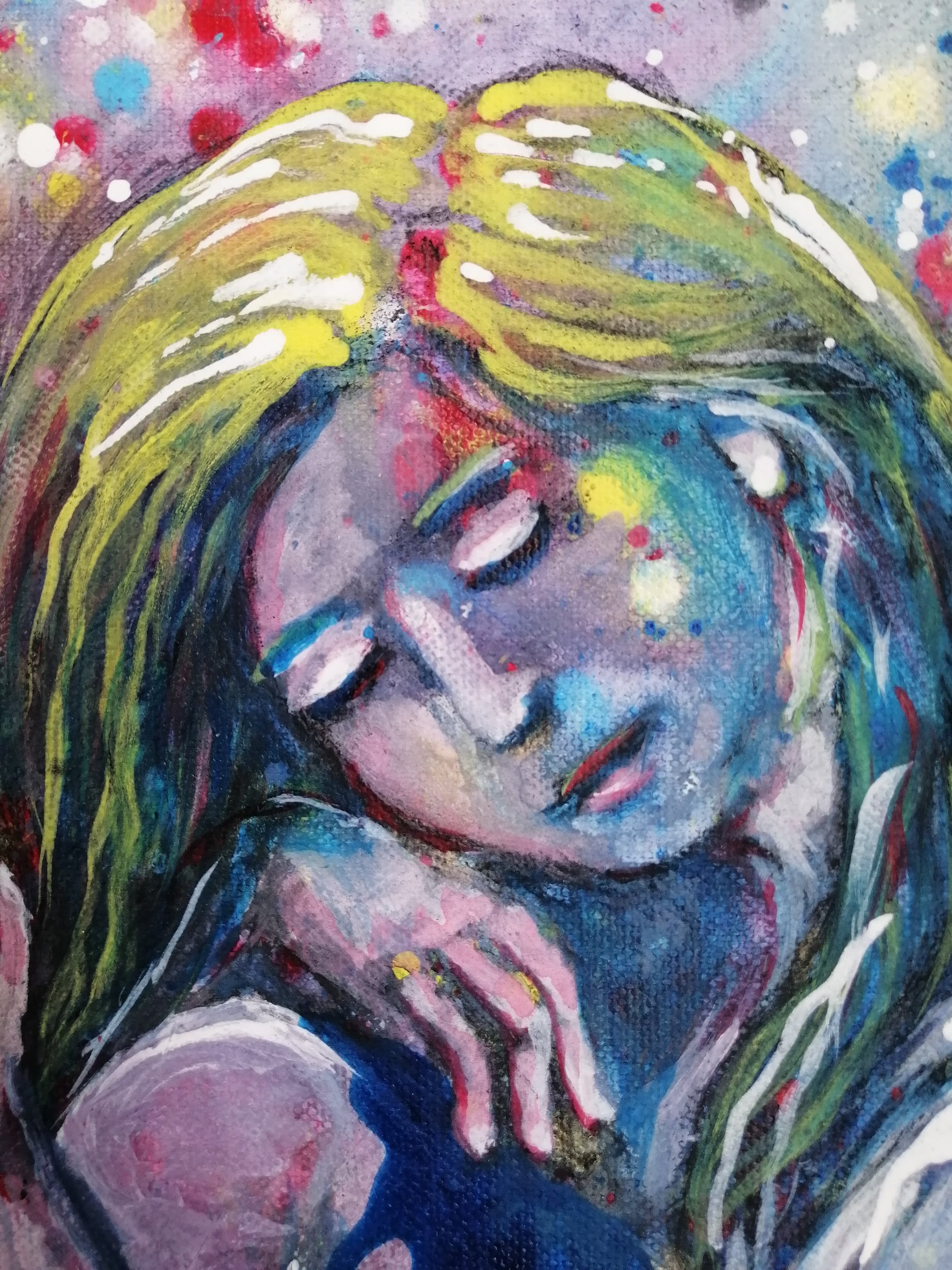 Romantic woman and nature abstract landscape fluid acrylic painting with blue, pink, and yellow tones by Diana Dimova TRAXI ART.