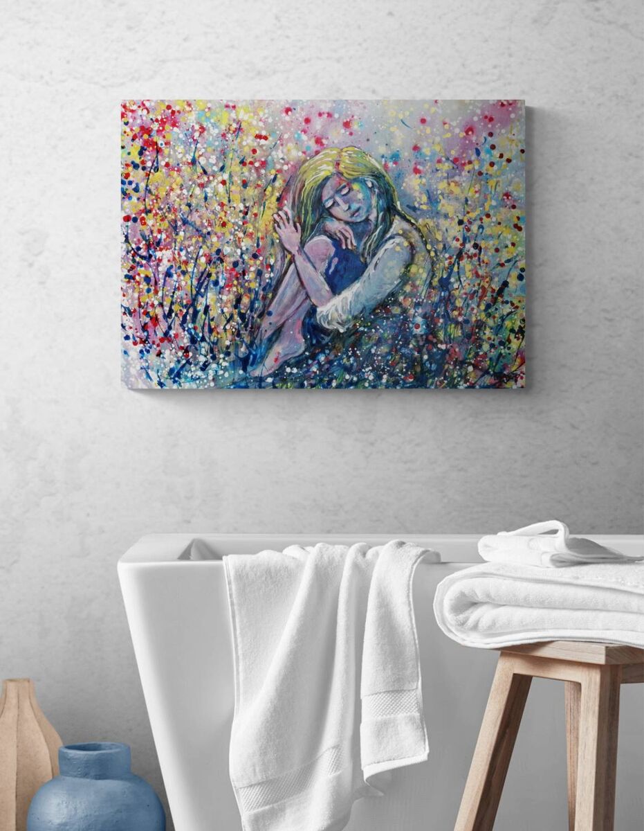 Romantic woman and nature abstract landscape fluid acrylic painting with blue, pink, and yellow tones by Diana Dimova TRAXI ART.