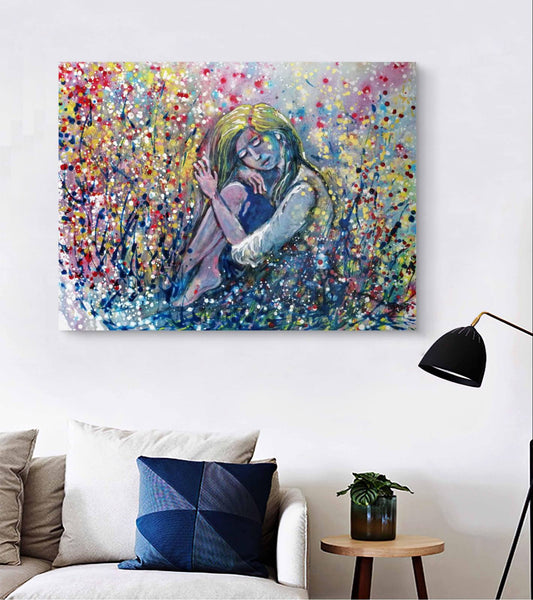 Romantic woman and nature abstract landscape limited edition premium canvas print with blue, pink, and yellow tones by Diana Dimova TRAXI ART.