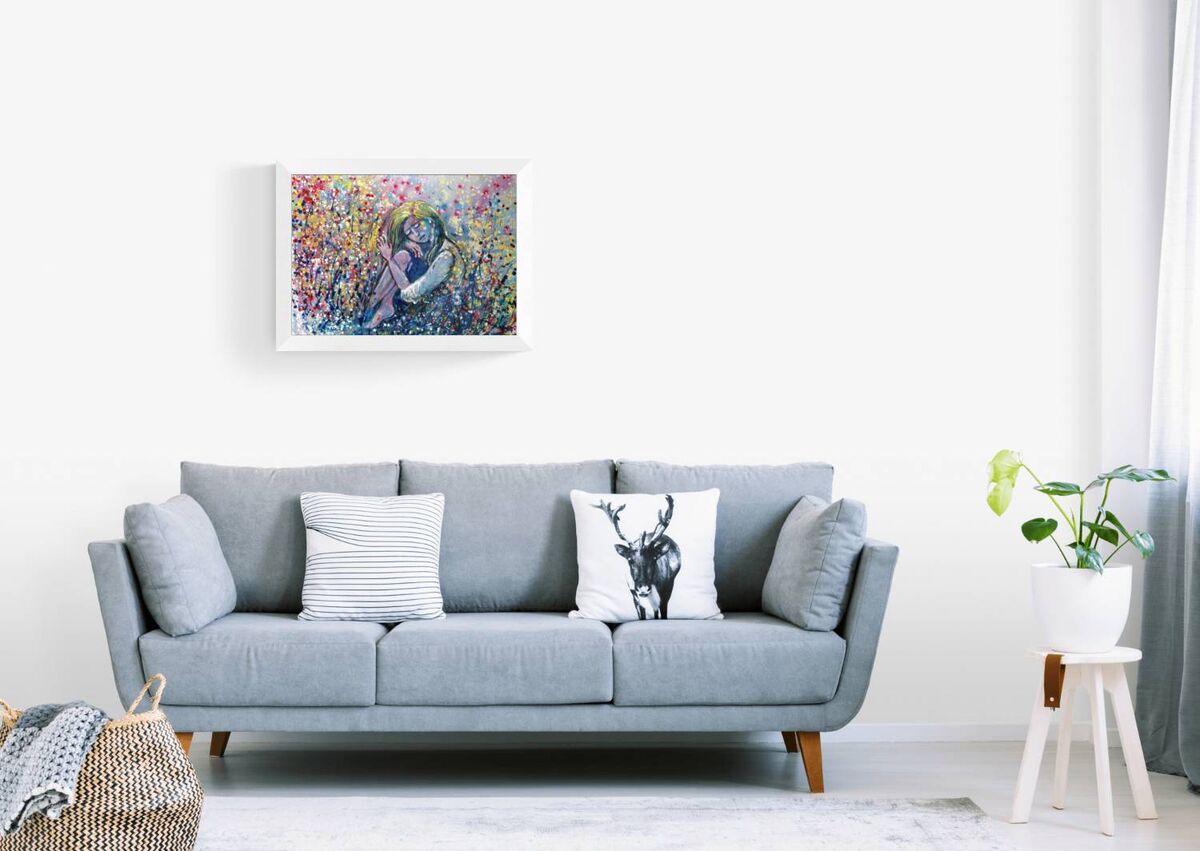 Romantic woman and nature abstract landscape fluid acrylic painting with blue, pink, and yellow tones by Diana Dimova TRAXI ART.