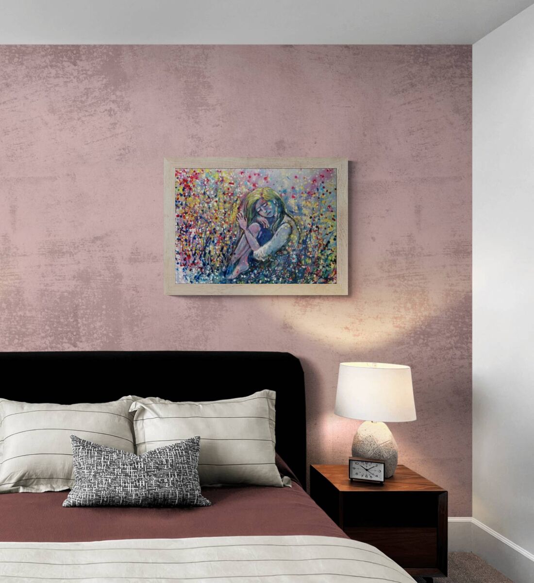Romantic woman and nature abstract landscape fluid acrylic painting with blue, pink, and yellow tones by Diana Dimova TRAXI ART.