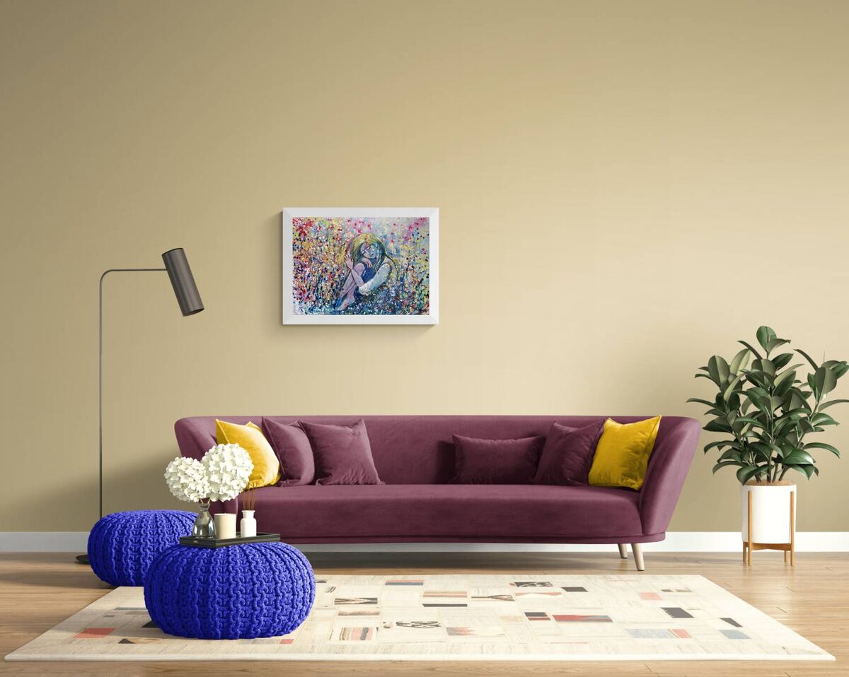 Romantic woman and nature abstract landscape fluid acrylic painting with blue, pink, and yellow tones by Diana Dimova TRAXI ART.