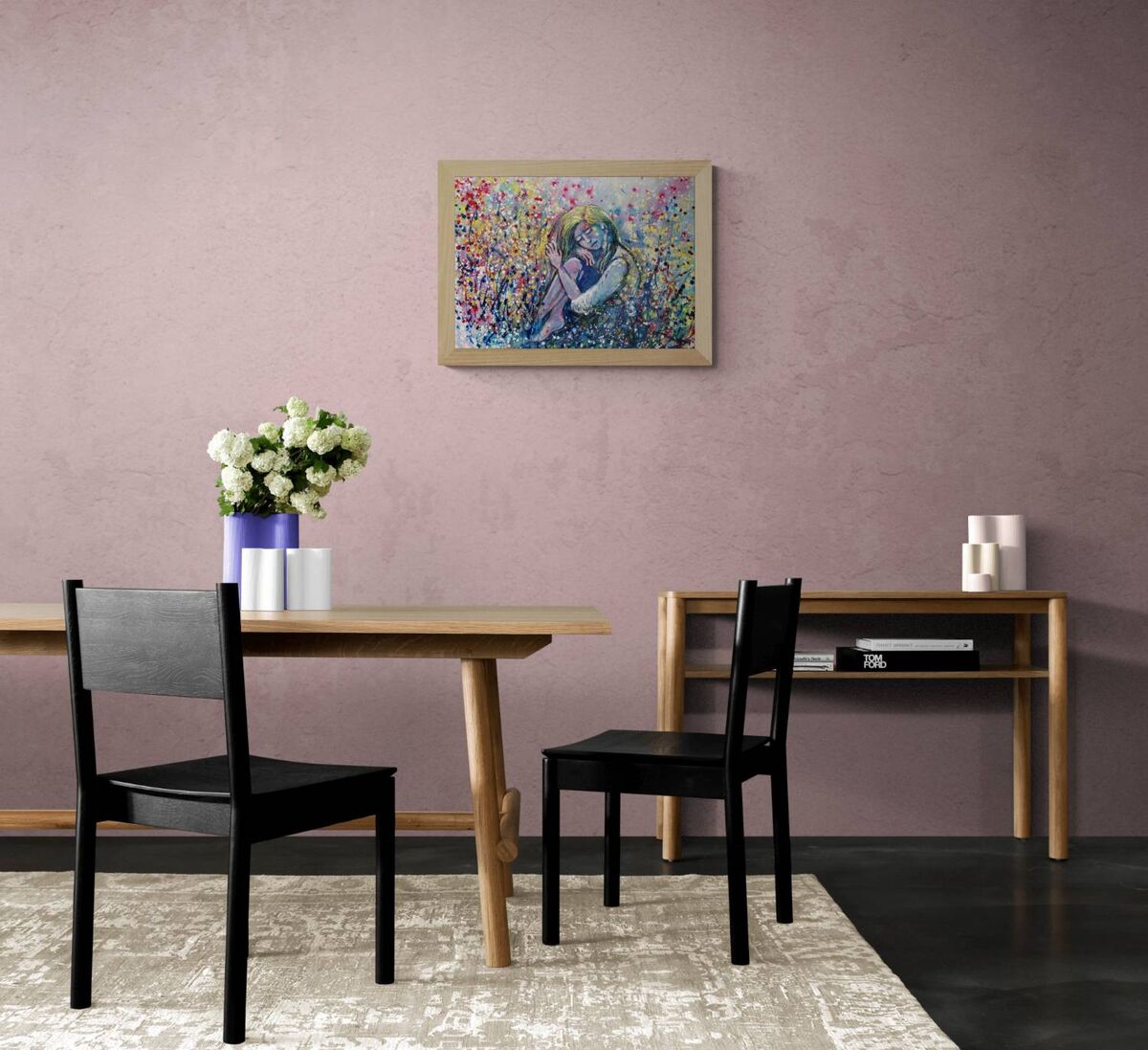 Romantic woman and nature abstract landscape fluid acrylic painting with blue, pink, and yellow tones by Diana Dimova TRAXI ART.