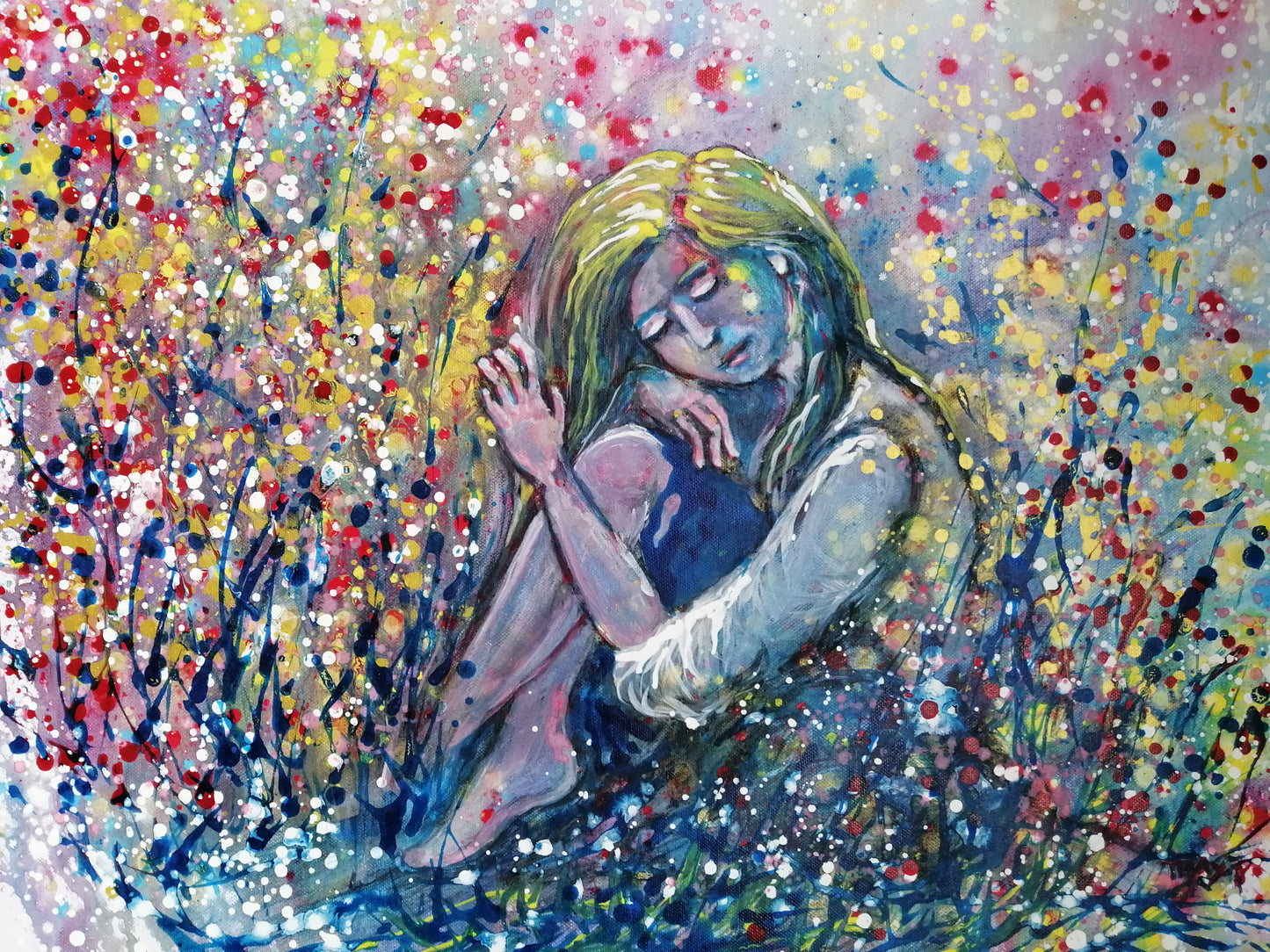 Romantic woman and nature abstract landscape fluid acrylic painting with blue, pink, and yellow tones by Diana Dimova TRAXI ART.