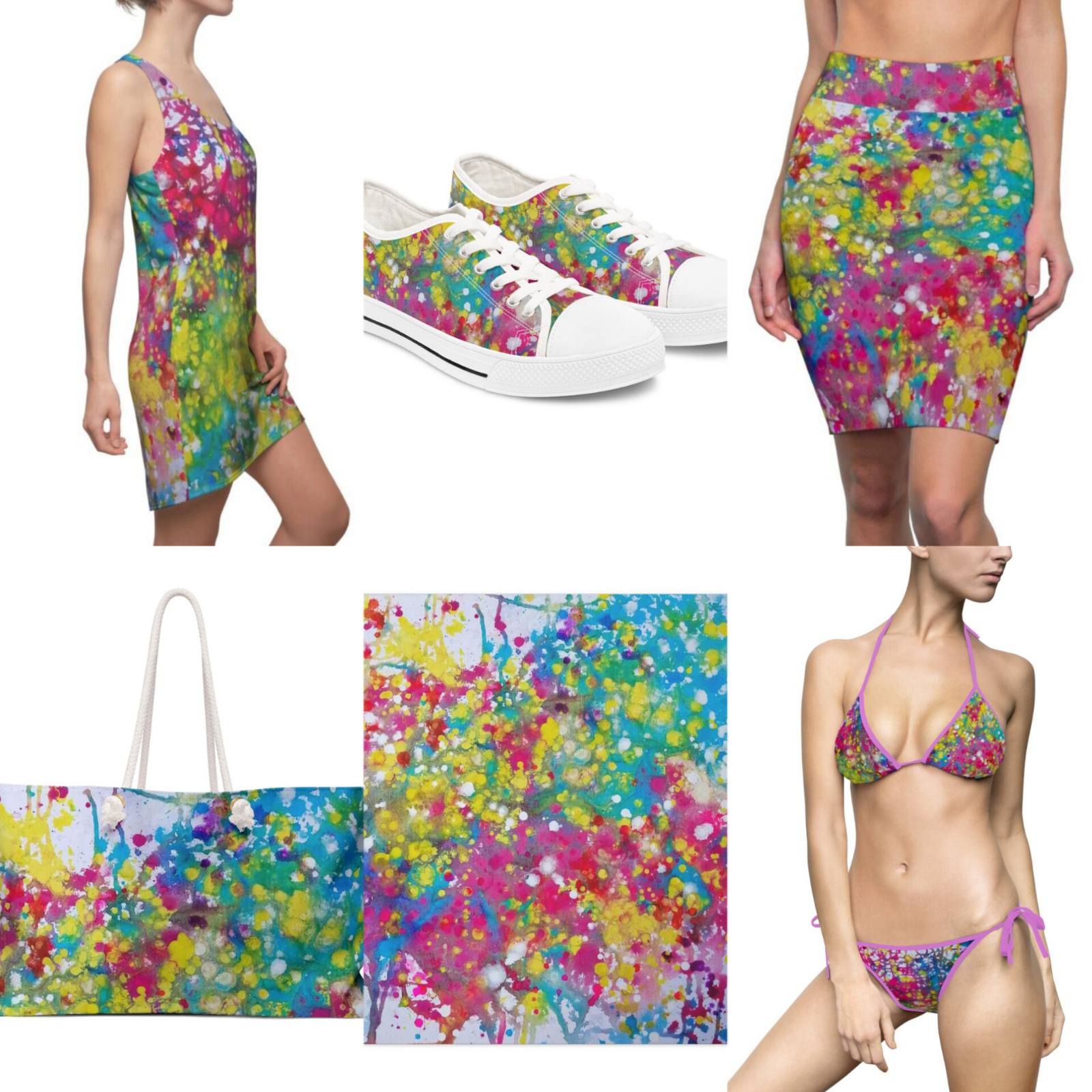Summer fashion collection featuring abstract art prints by TRAXI ART
