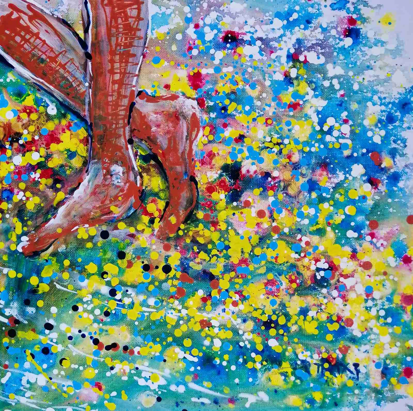 Love affair diptych original abstract painting set by contemporary artist TRAXI, depicting playful feet on the beach with vibrant fluid acrylic colors. Colorful abstract painting with a red butterfly-like shape and multicolored dots.